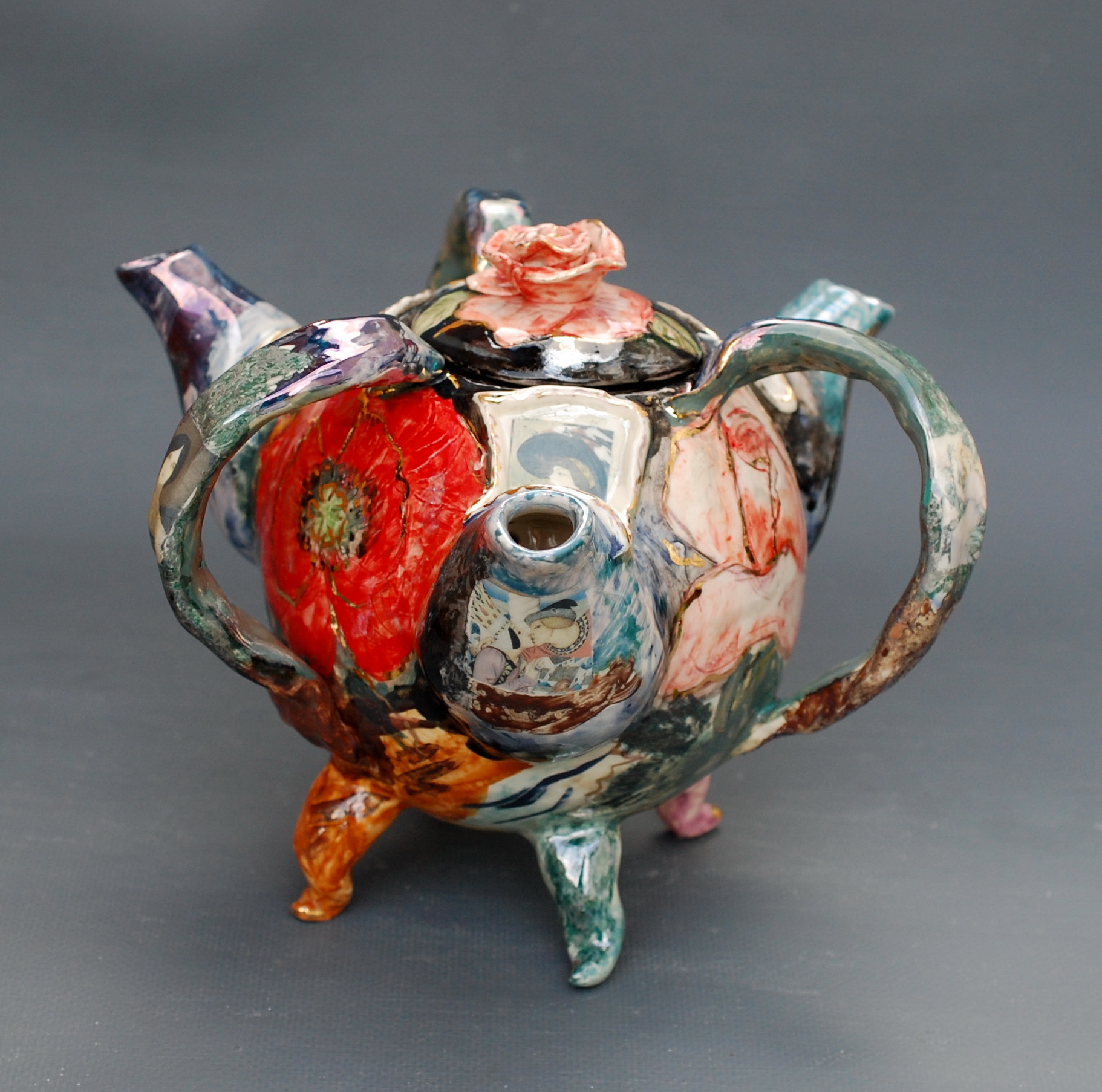 Unusual teapot Three spouts Teapot Porcelain Hand painted t Inspire