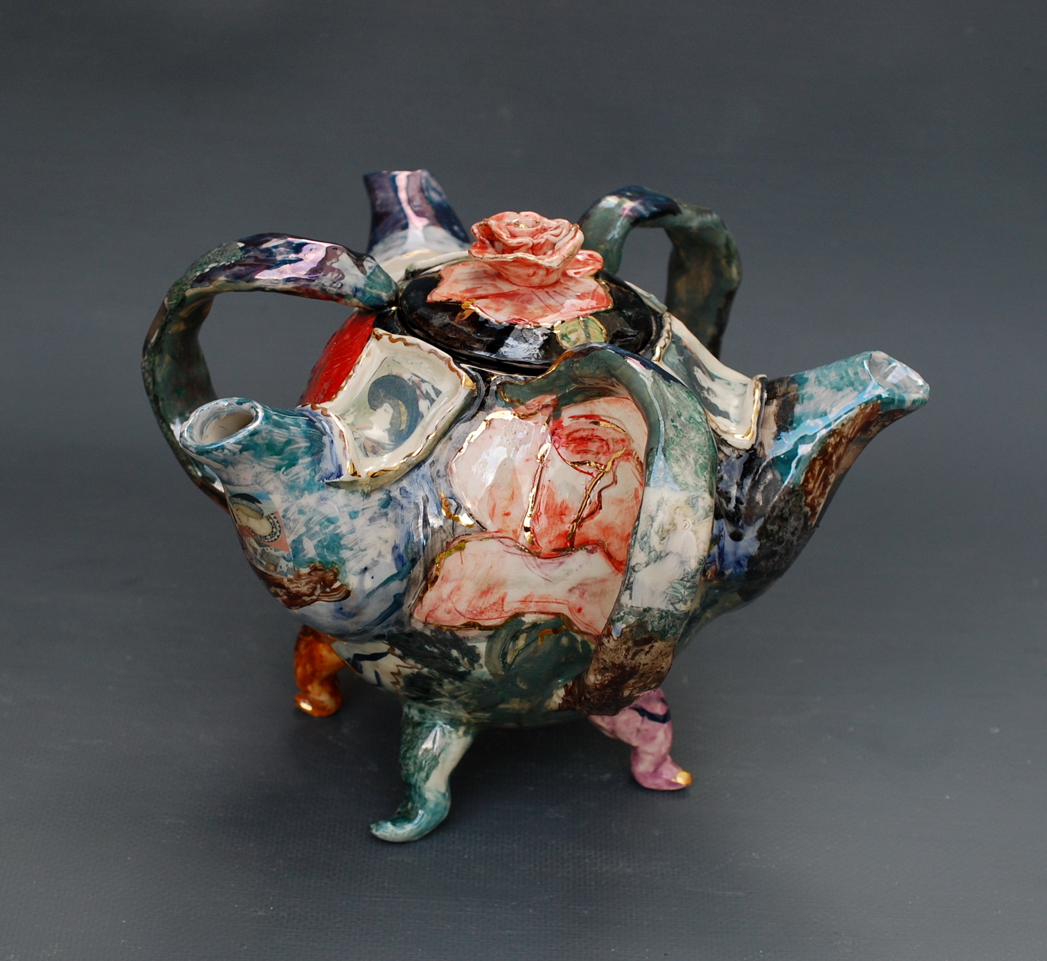 Unusual teapot Three spouts Teapot Porcelain Hand painted t Inspire
