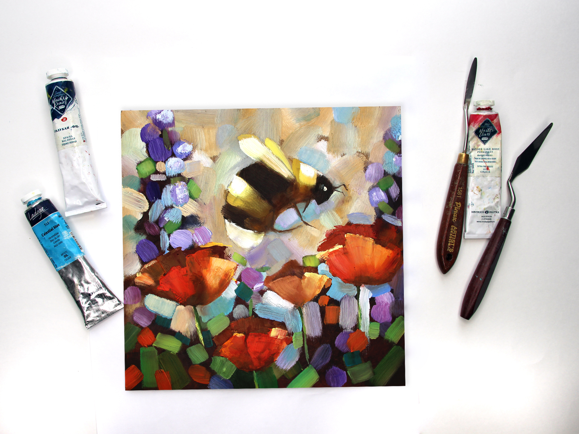 Bee Oil Painting Flower Original Art Impasto Painting Poppy - Inspire ...