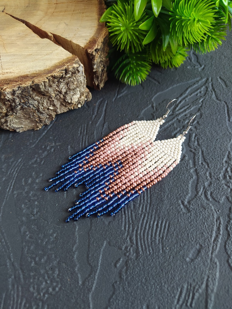 Navy blue ombre earrings, Fringe seed bead earrings, Beige c Inspire