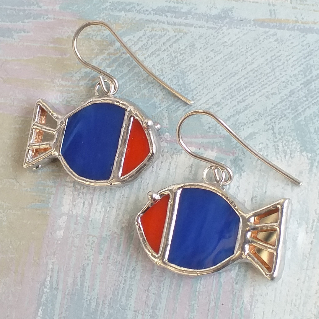 Little fish earrings, Stained glass blue earrings Inspire Uplift
