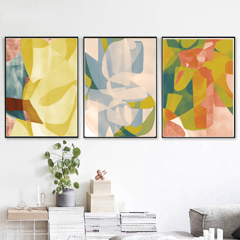 Prints Set of 3 Yellow Blue Wall Art Abstract Painting Moder Inspire