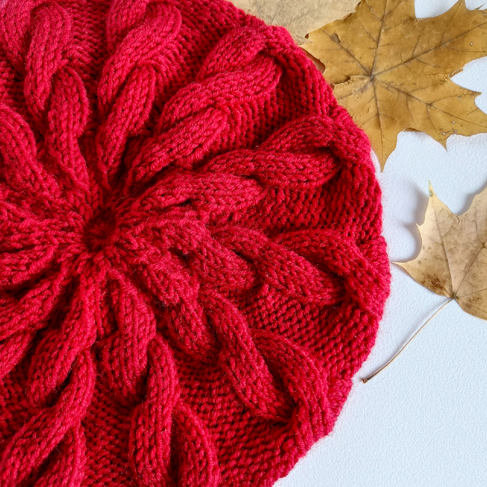 Women's Warm Beret / Red Knit Hat / Red Knit Beanie / Cable Knitted Beanie / Braided Beret
