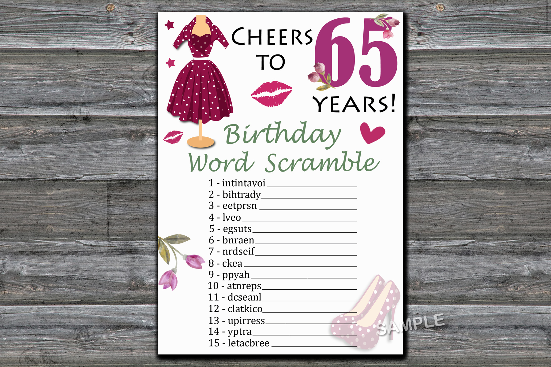 65th Birthday Word Scramble Game,Adult Birthday party gamef Inspire