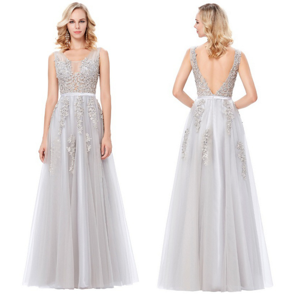 A-Line Gray Deep V-neck Sleeveless Long Evening Prom Dress main image 1