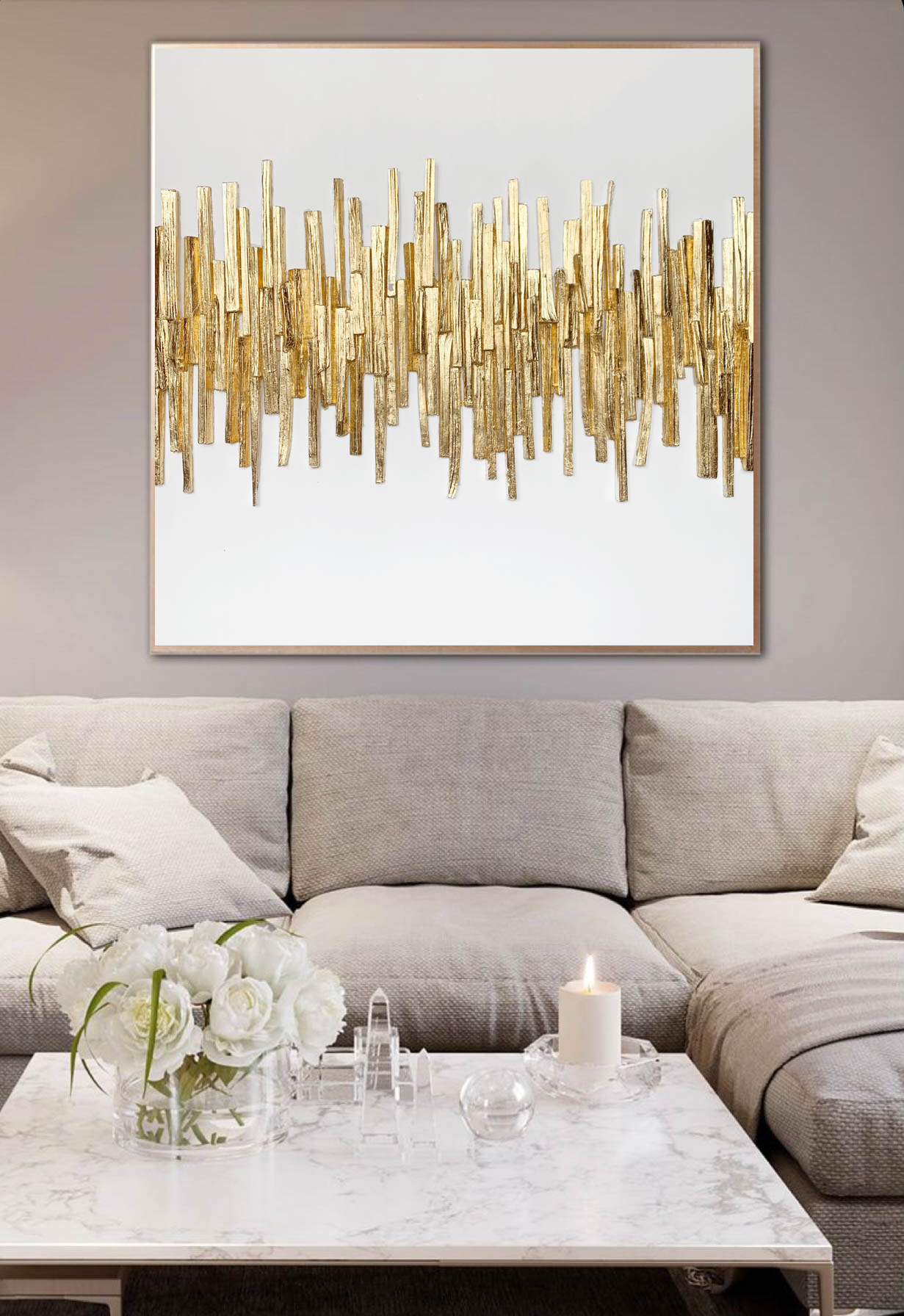 Gold Leaf Abstract, Natural Wood Ingots on Canvas, Large Gol Inspire