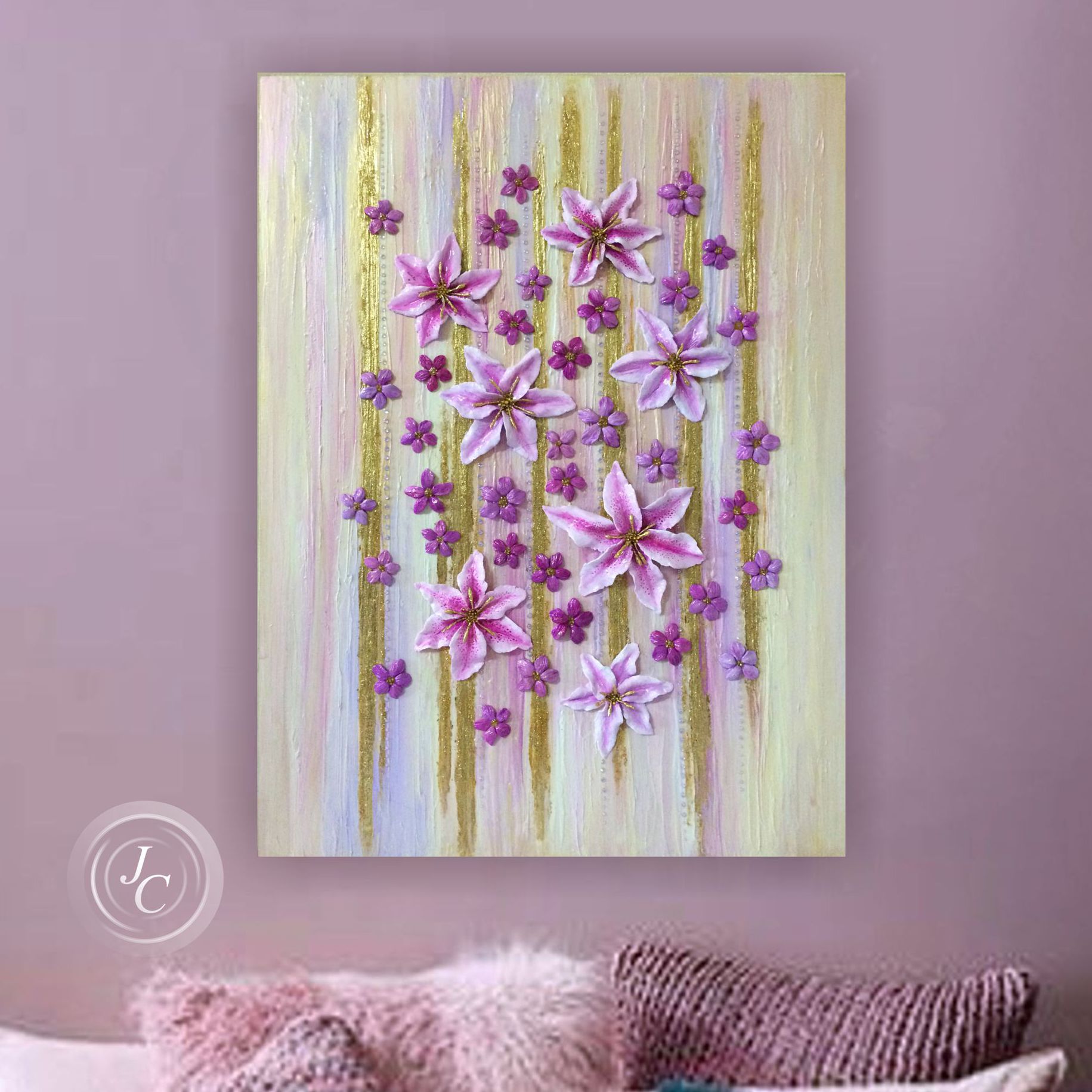 Flower Wall Art Purple and Gold Floral Art Textured Original Inspire