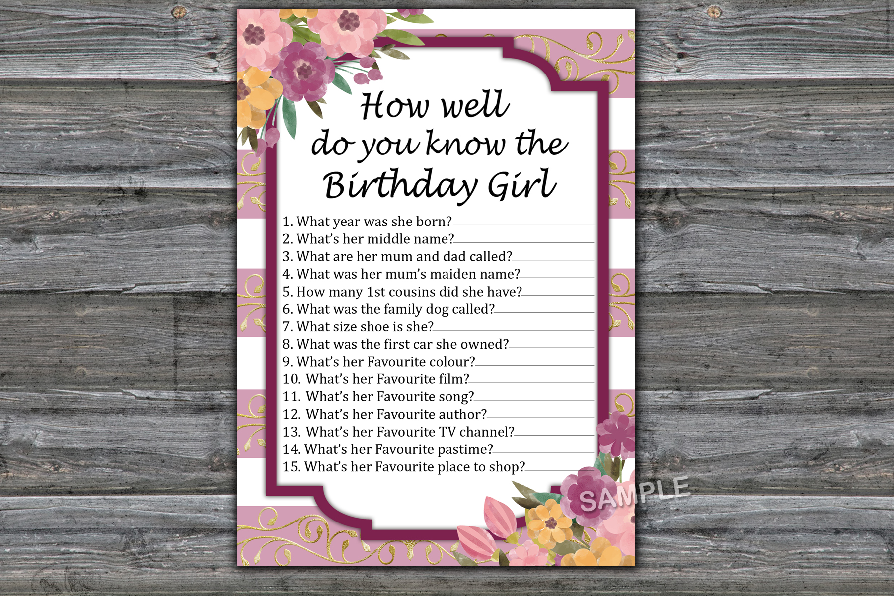 Pink Striped How well do you know the birthday girl,Adult Bi | Inspire ...