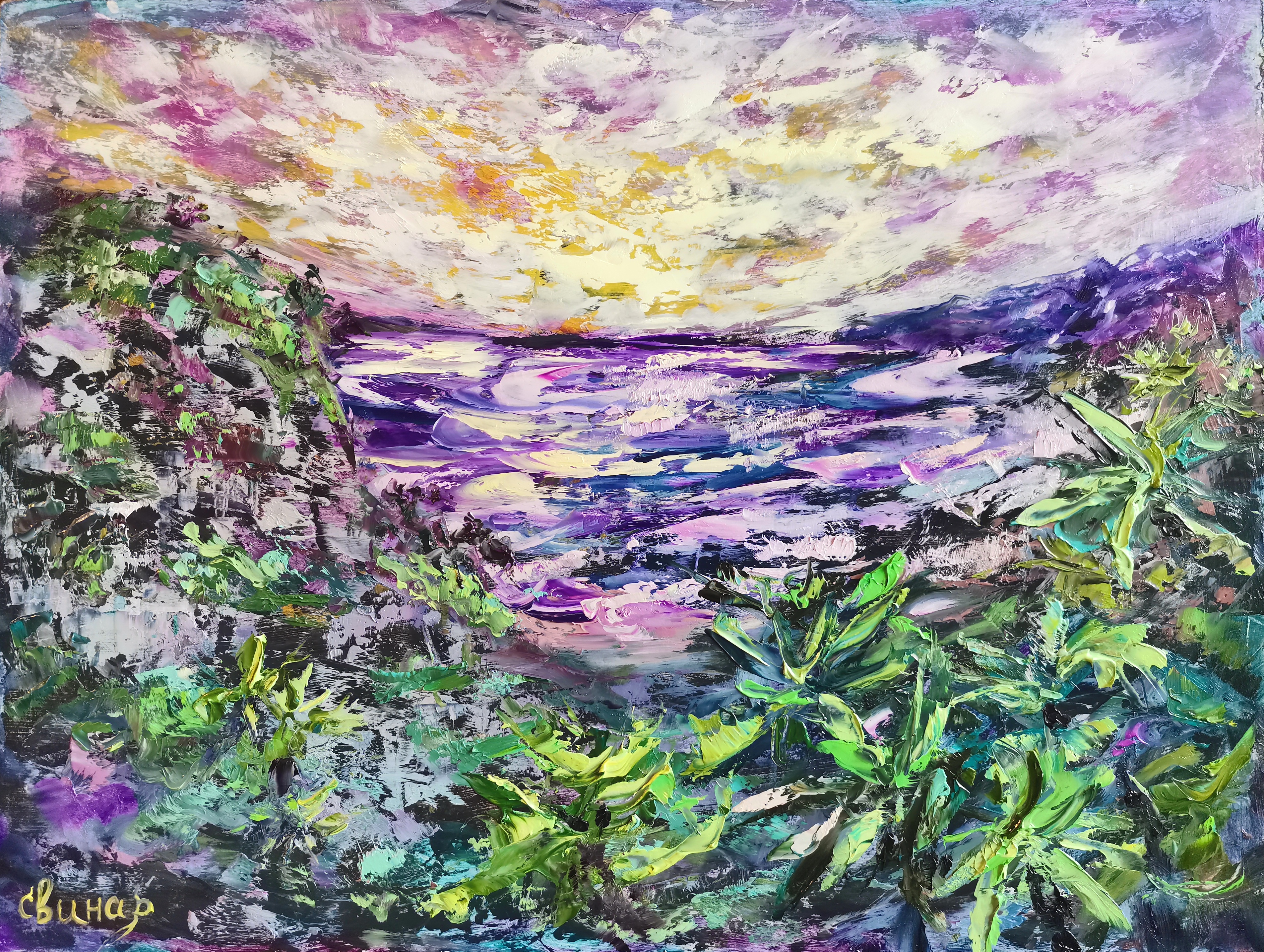 Palm Trees Sunset Sea Original Art Oil Painting Resort Rocks | Inspire ...