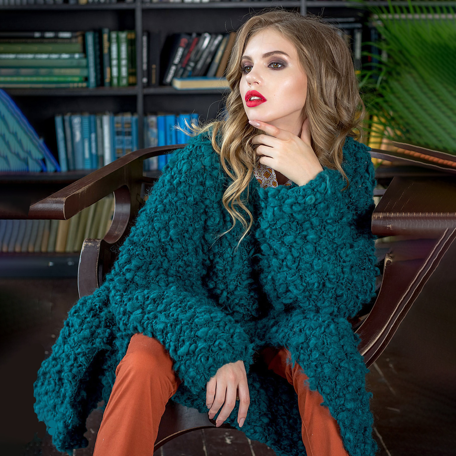 Green Print Unisex Plush Thick Long-Sleeved Cardigan Coat