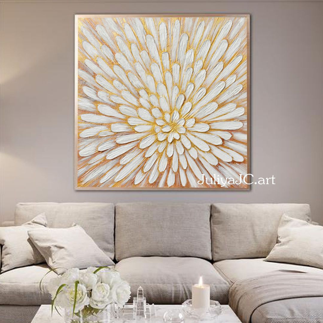 Gold and White Floral Wall Art Abstract Original Painting Te | Inspire ...