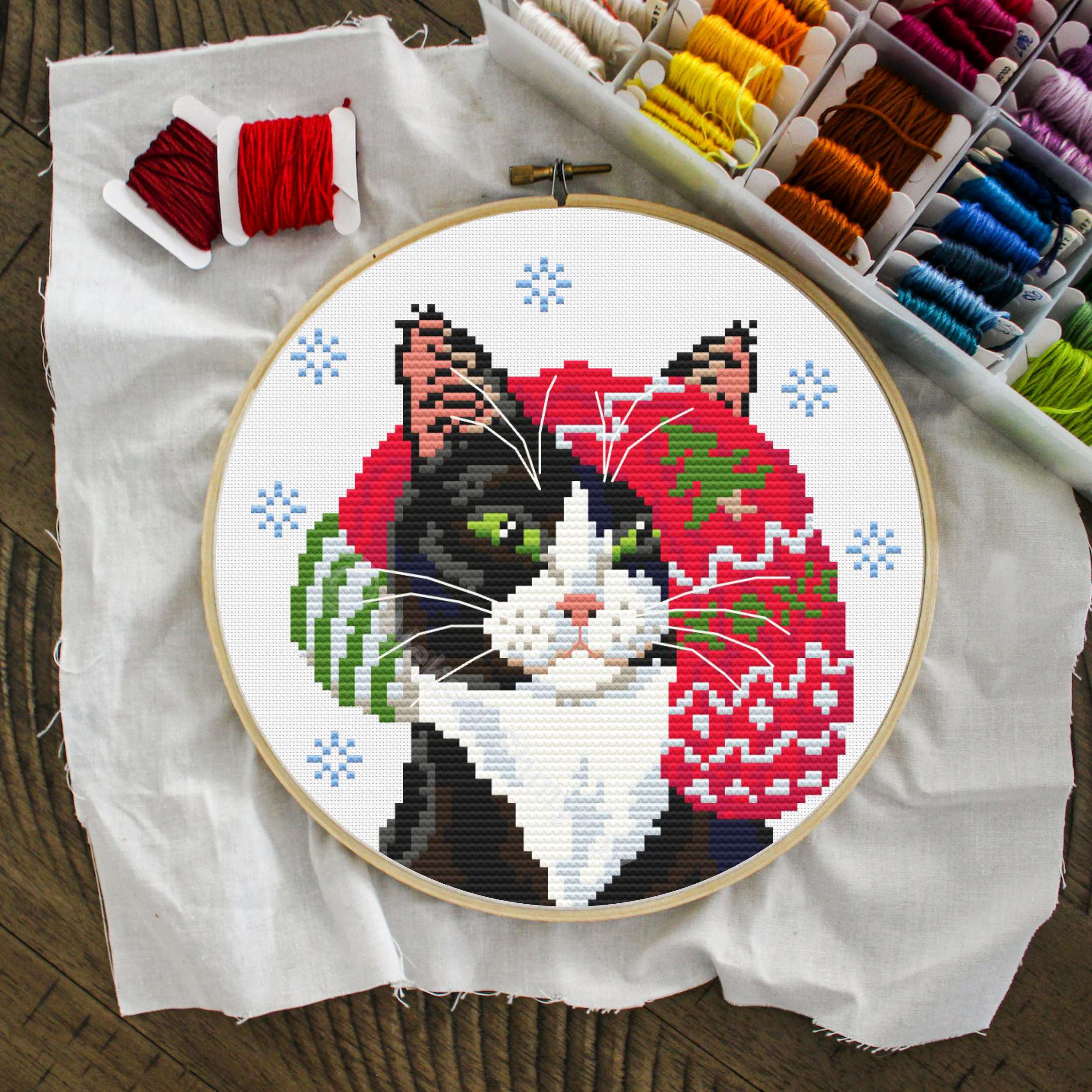 Tuxedo Cat Christmas Cross Stitch Pattern, Modern Cross Stit Inspire
