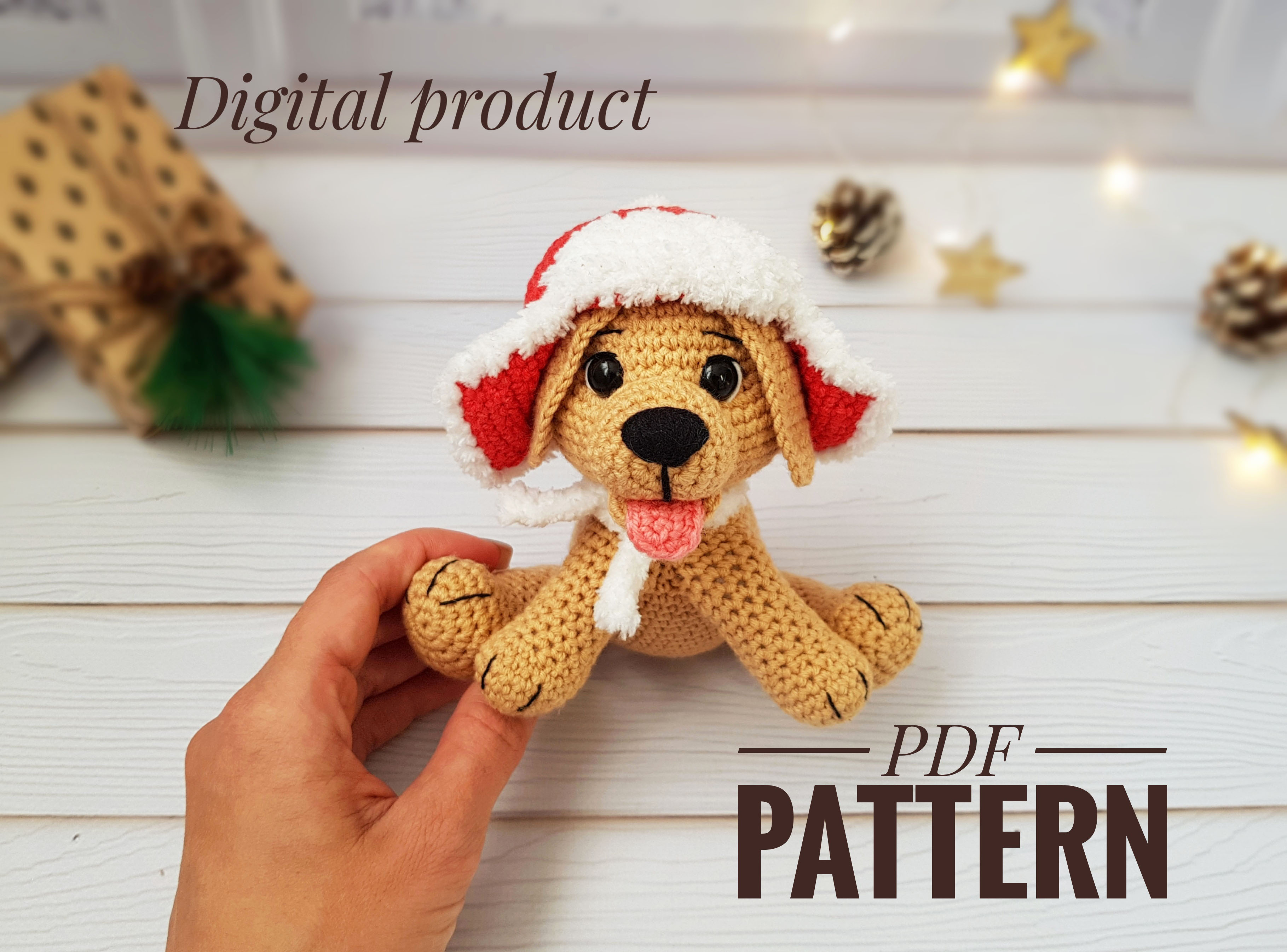 Christmas crochet pattern dog Labrador Retriever in hat, Ami Inspire