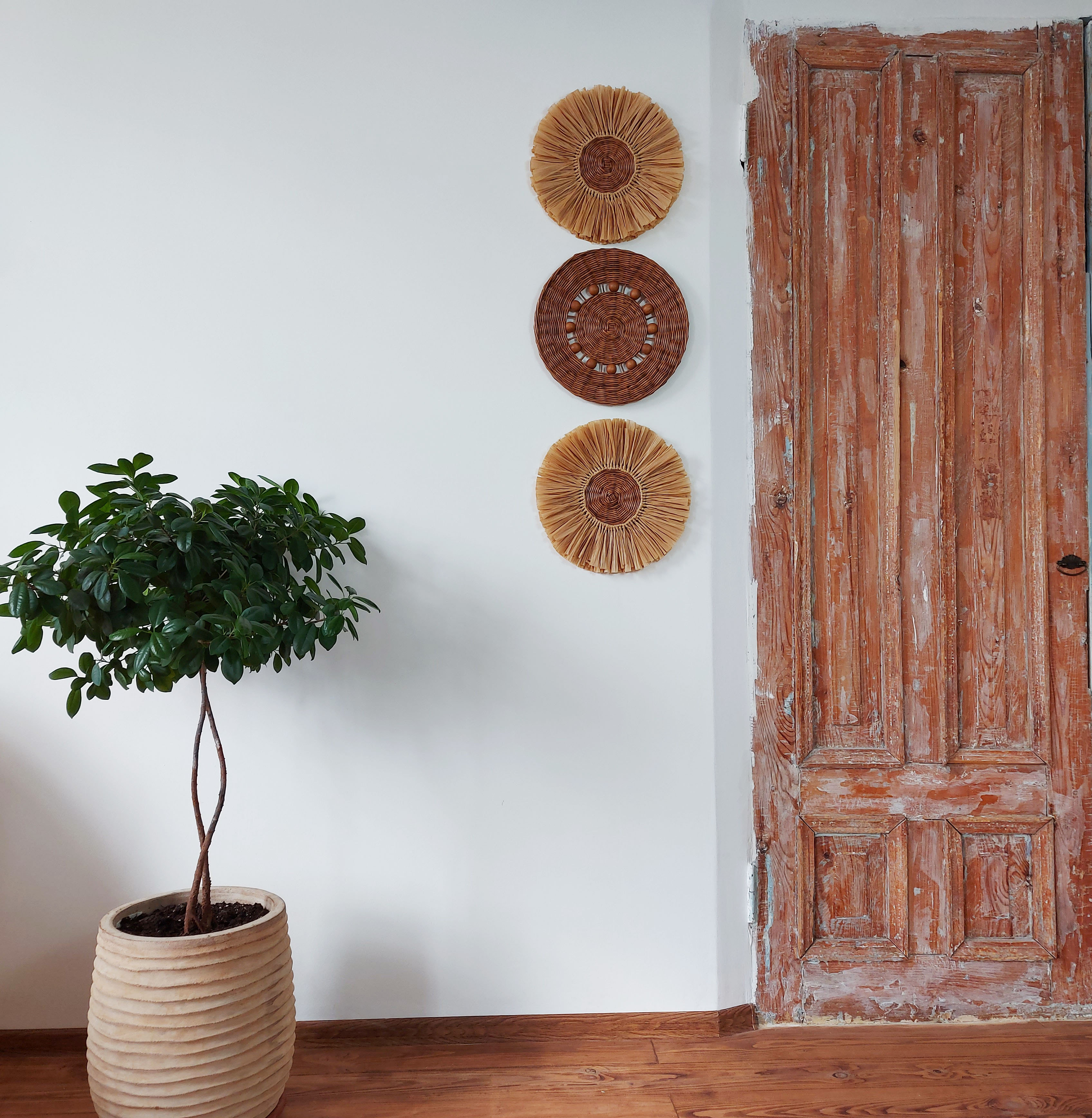 African woven baskets wall art decor. Set of 3 handmade plat Inspire