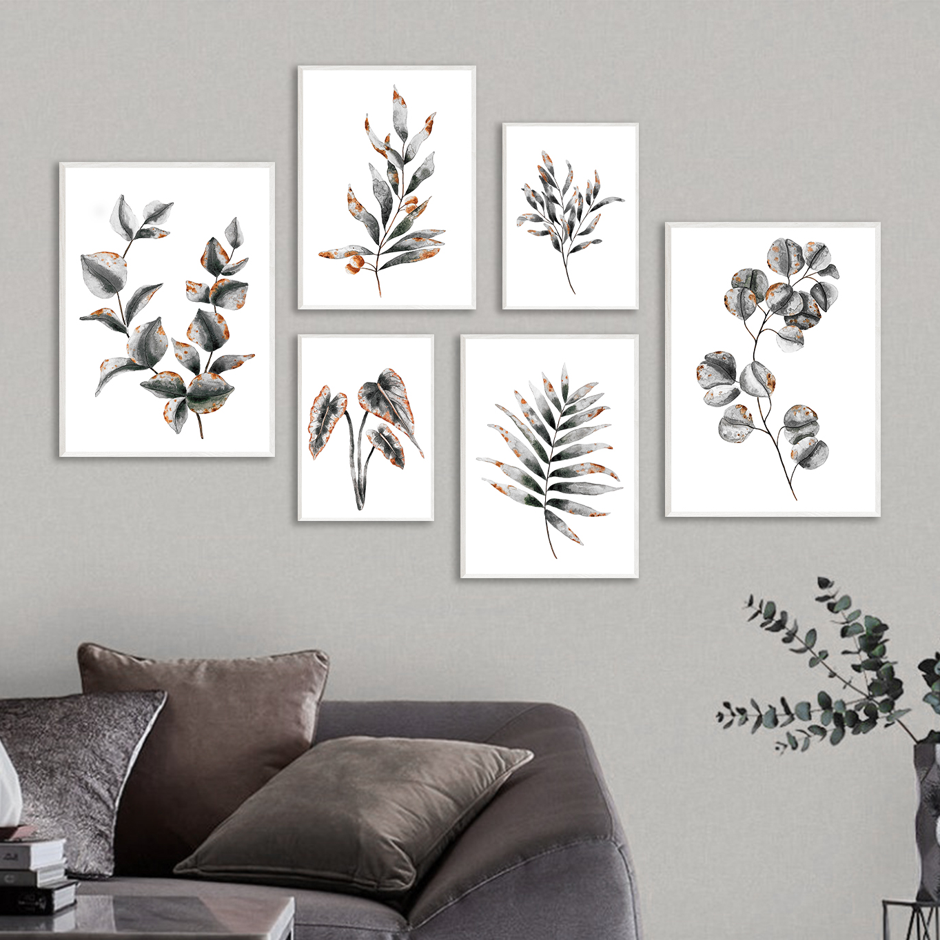 Gray Leaves Wall Art Set of 6, Grey Botanical Gallery Wall A Inspire