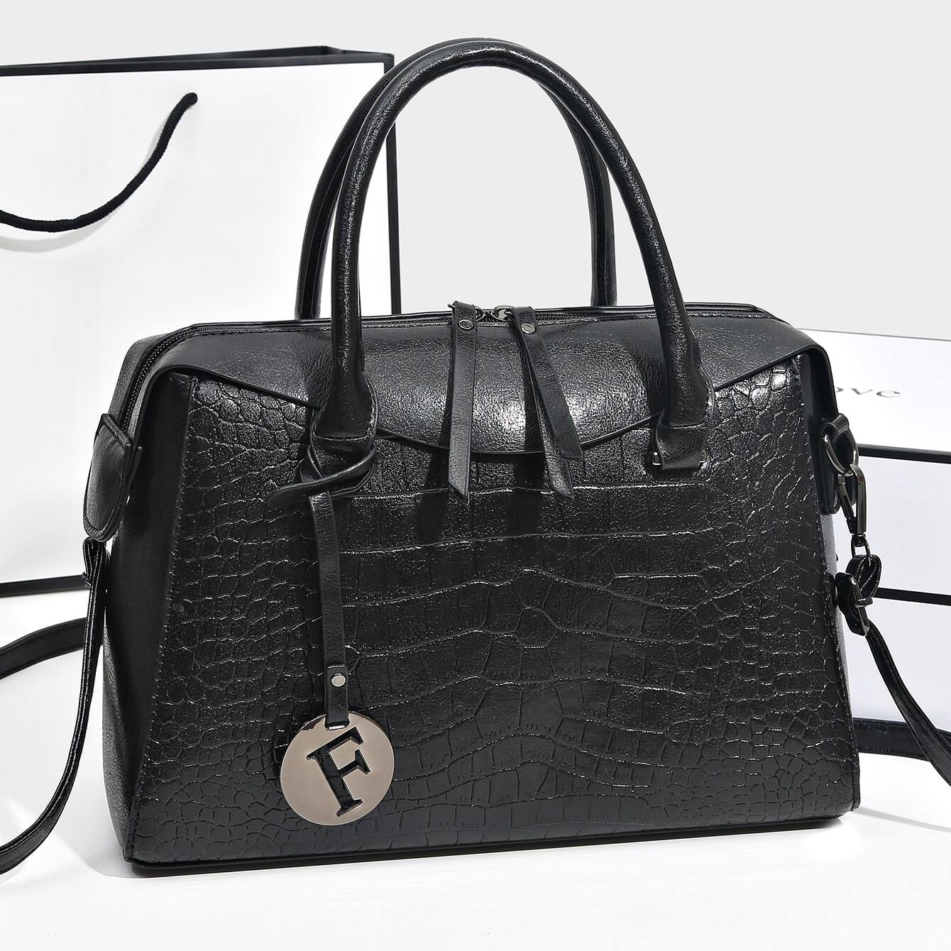 Womens Crocodile Embossed Top Handle Bag With Bag Charm Inspire Uplift