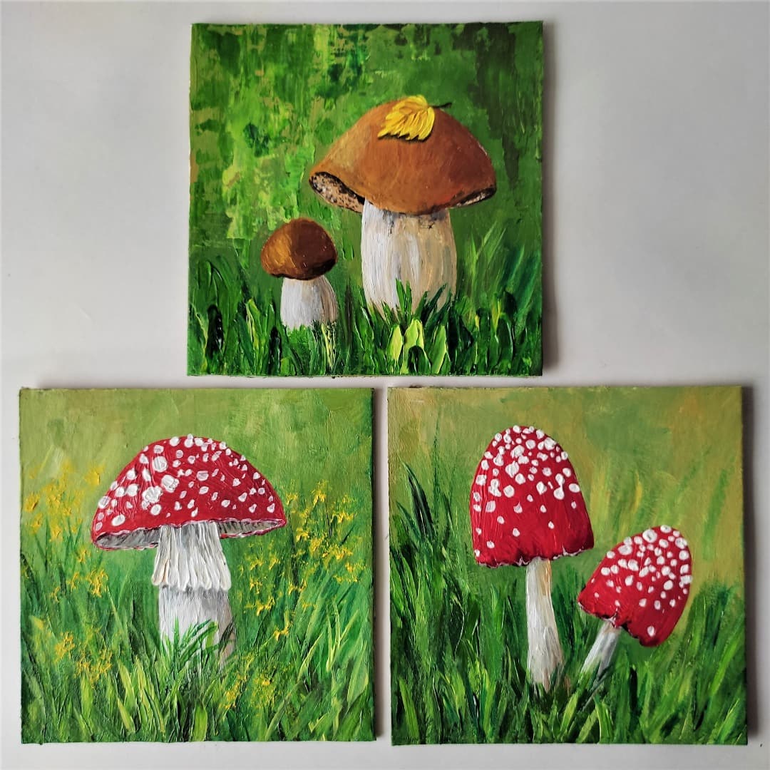 Mushroom original painting, Mushrooms small art wall decor, Inspire