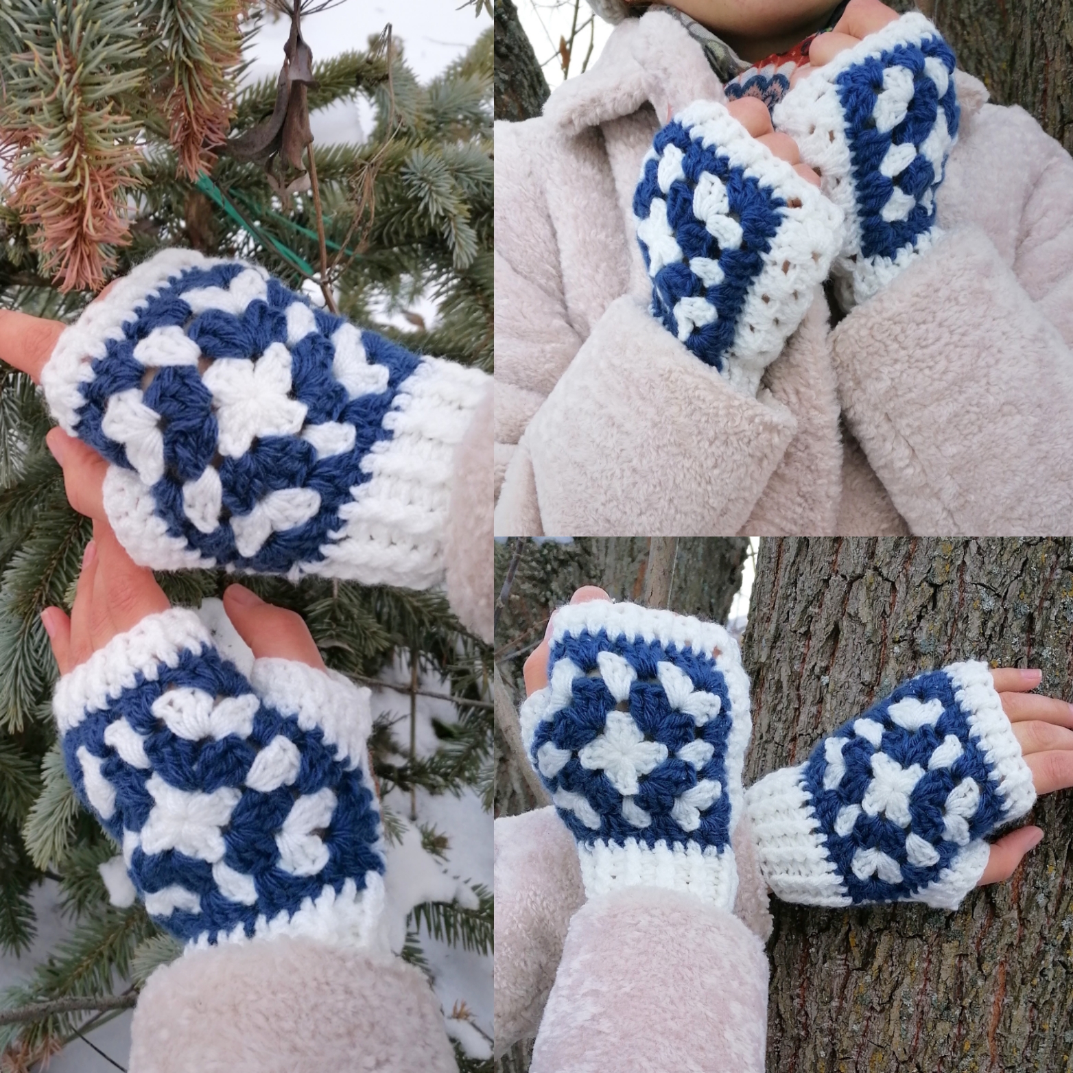 Cottagecore fingerless gloves granny square, white fingerles Inspire Uplift