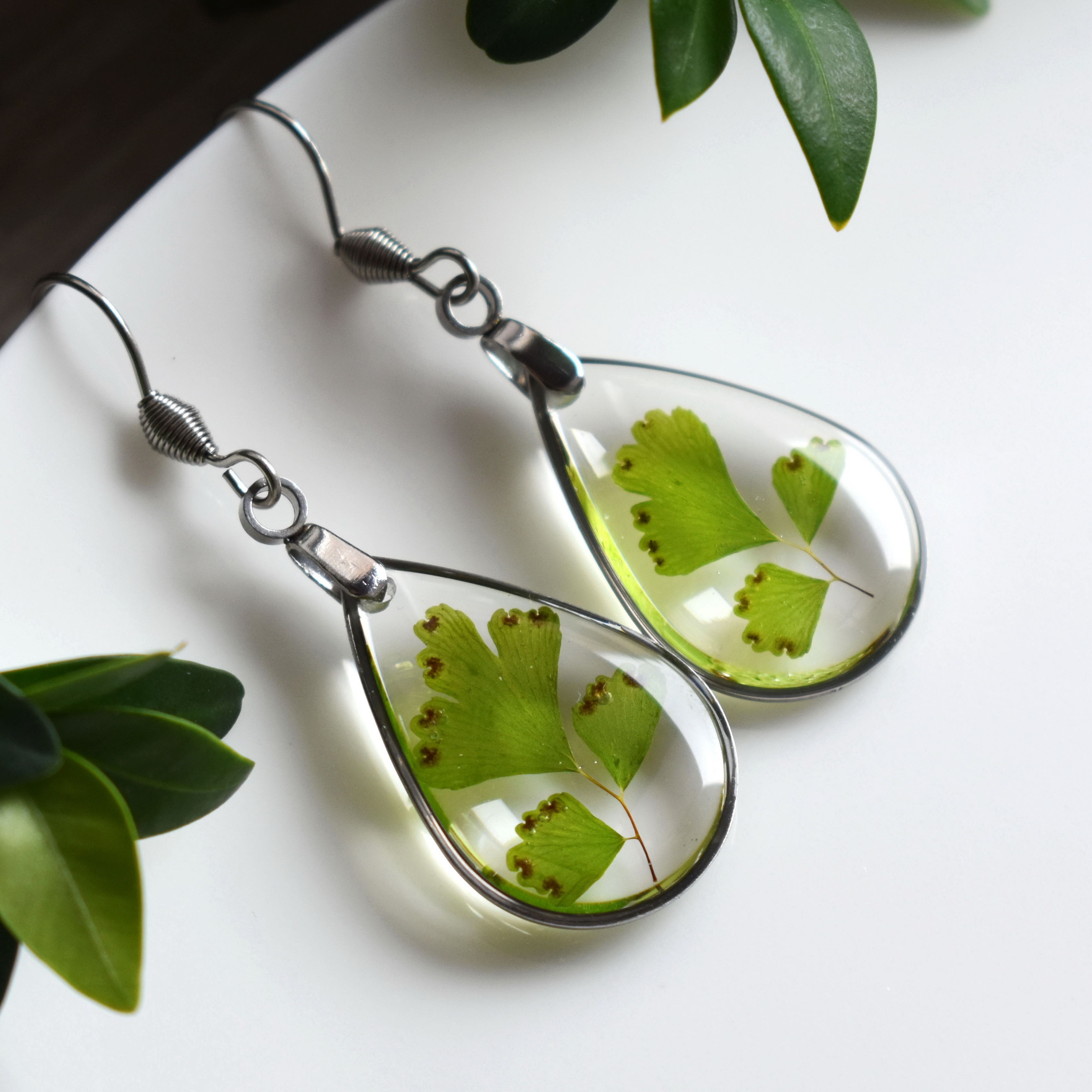 Real green leaves earrings. Earrings with green leaves. Real flowers in resin.