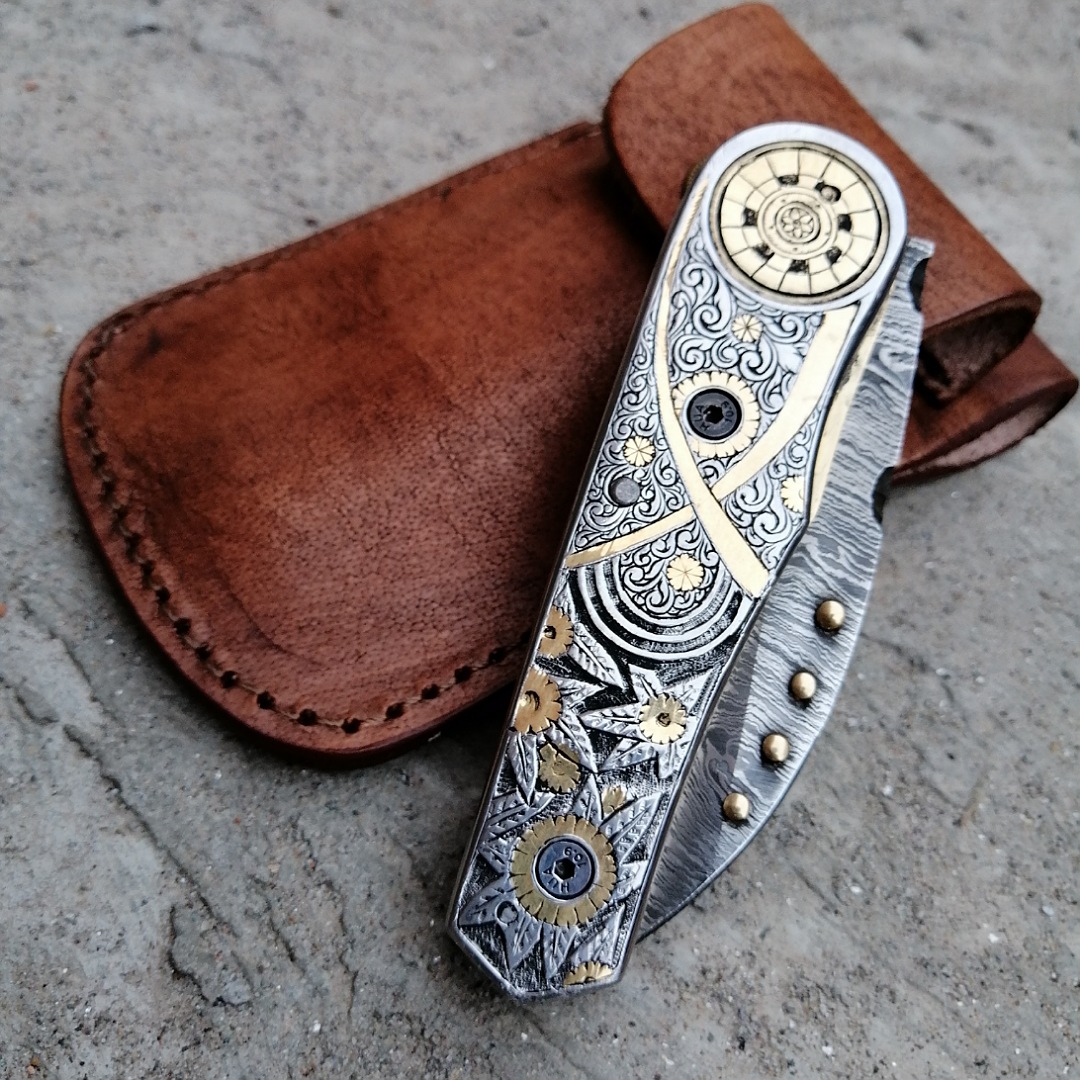 Hand Engraved Pocket Knife For Men, Groomsmen Damascus Foldi Inspire