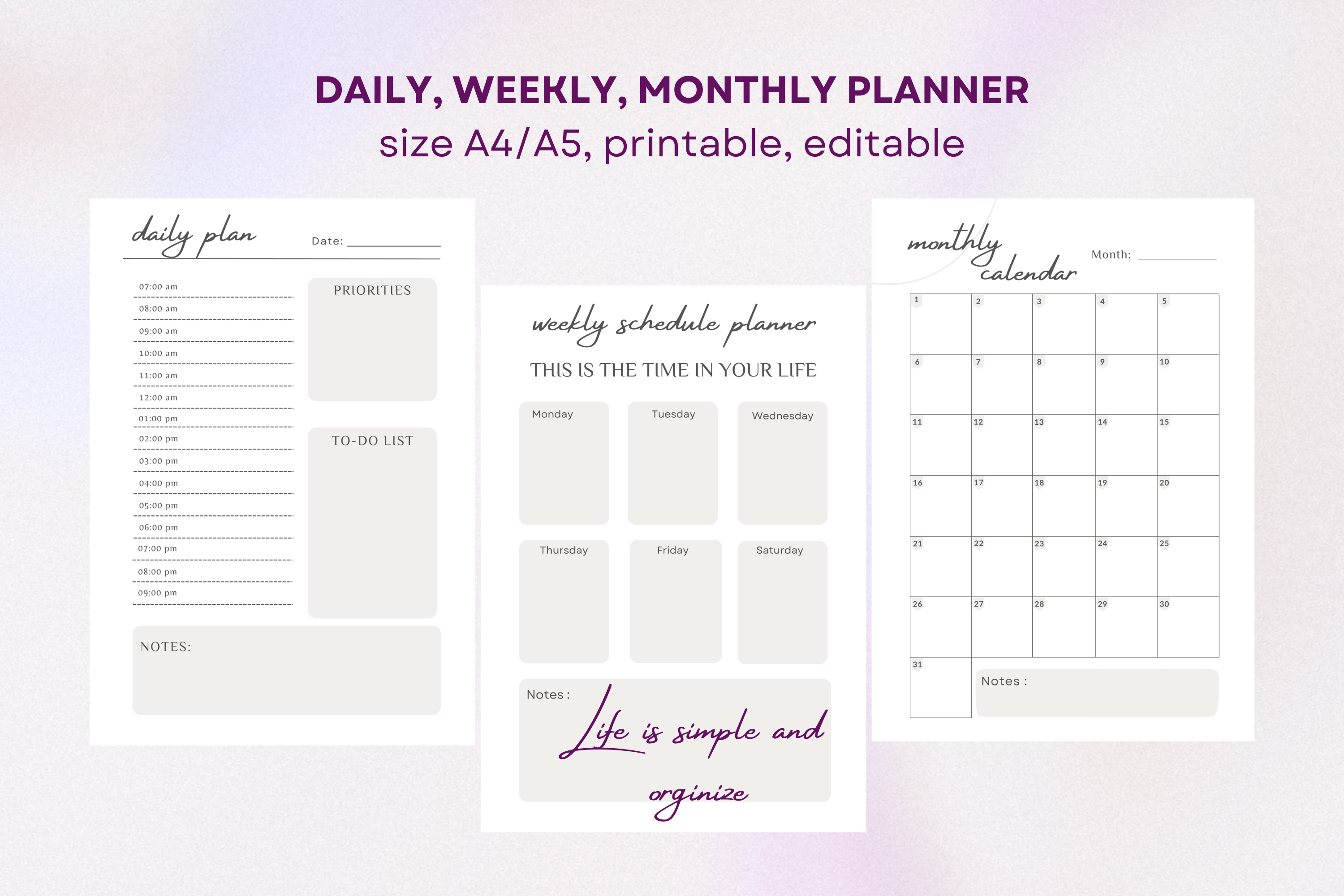 Planner set- Daily Planner, Weekly Planner, Monthly Planner, | Inspire ...
