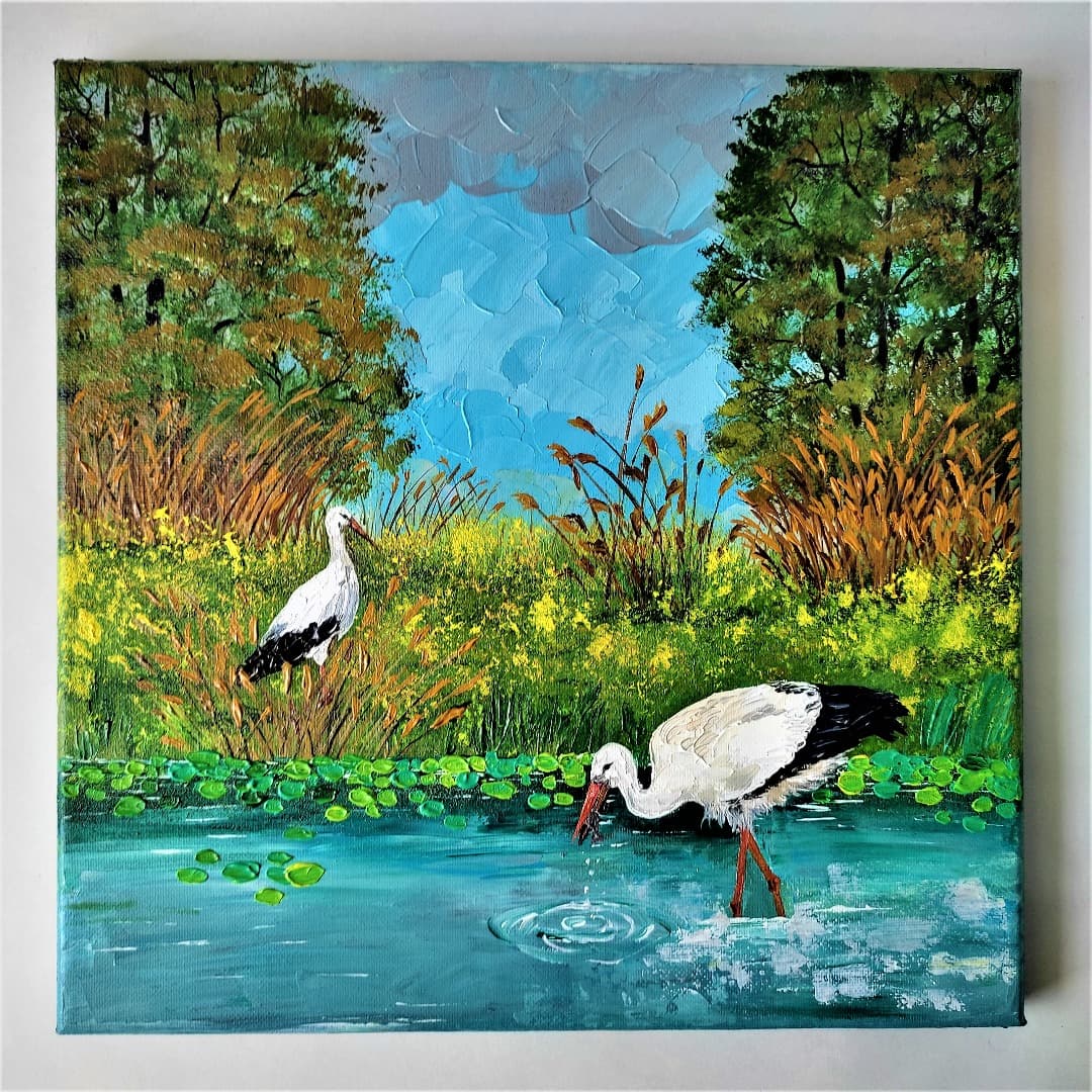 Bird landscape painting, Storks birds acrylic painting on ca Inspire