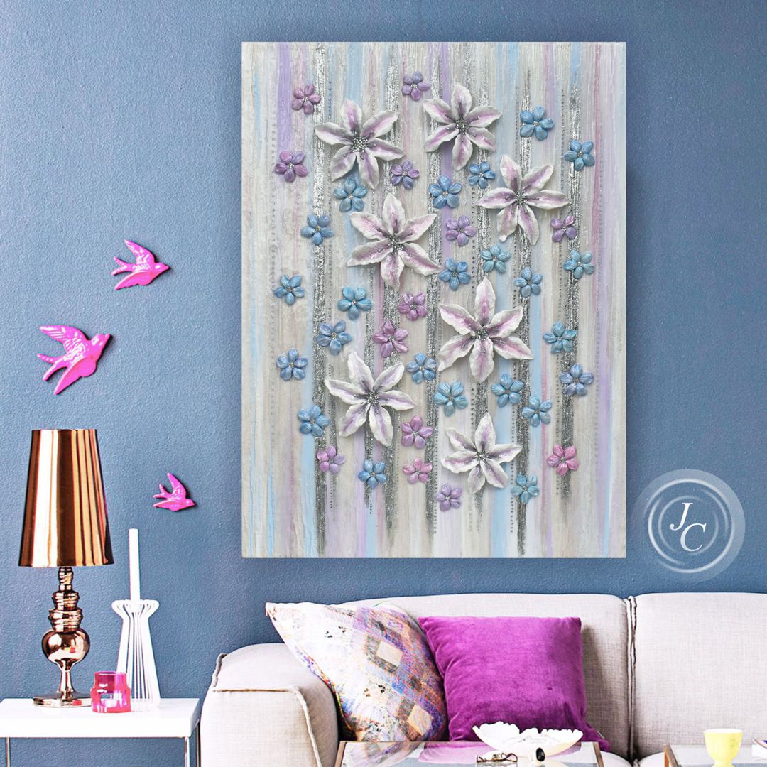 Flower Artwork Pink and Silver Wall Art Glittery Painting Fl Inspire