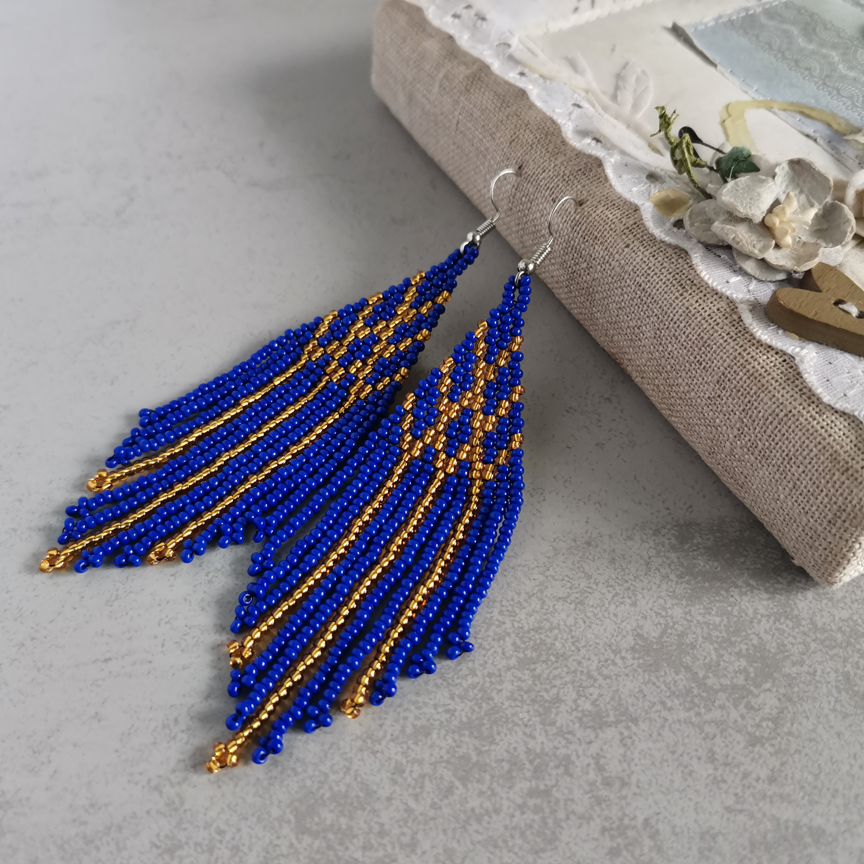 Navy blue and gold long fringe seed bead earrings Dangle boh | Inspire ...