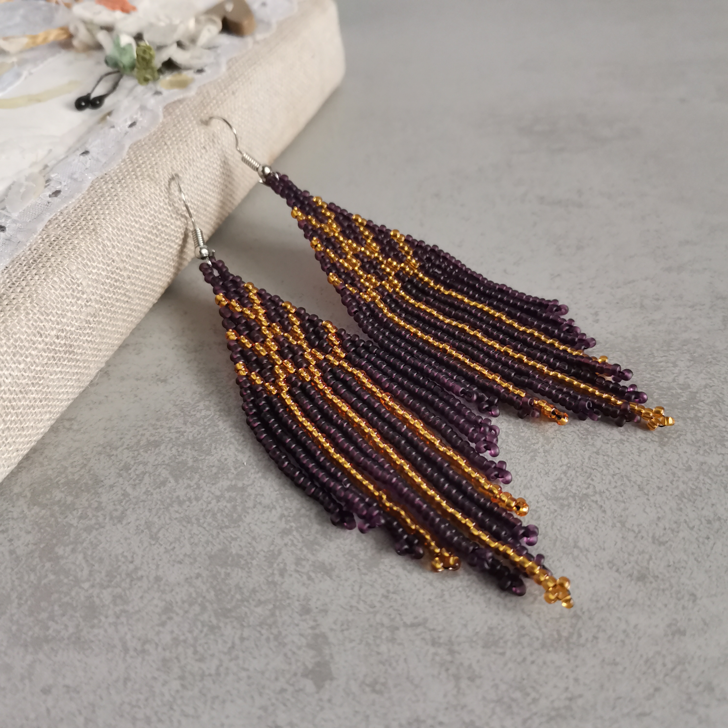 Purple and gold long fringe seed bead earrings Dangle boho e | Inspire ...