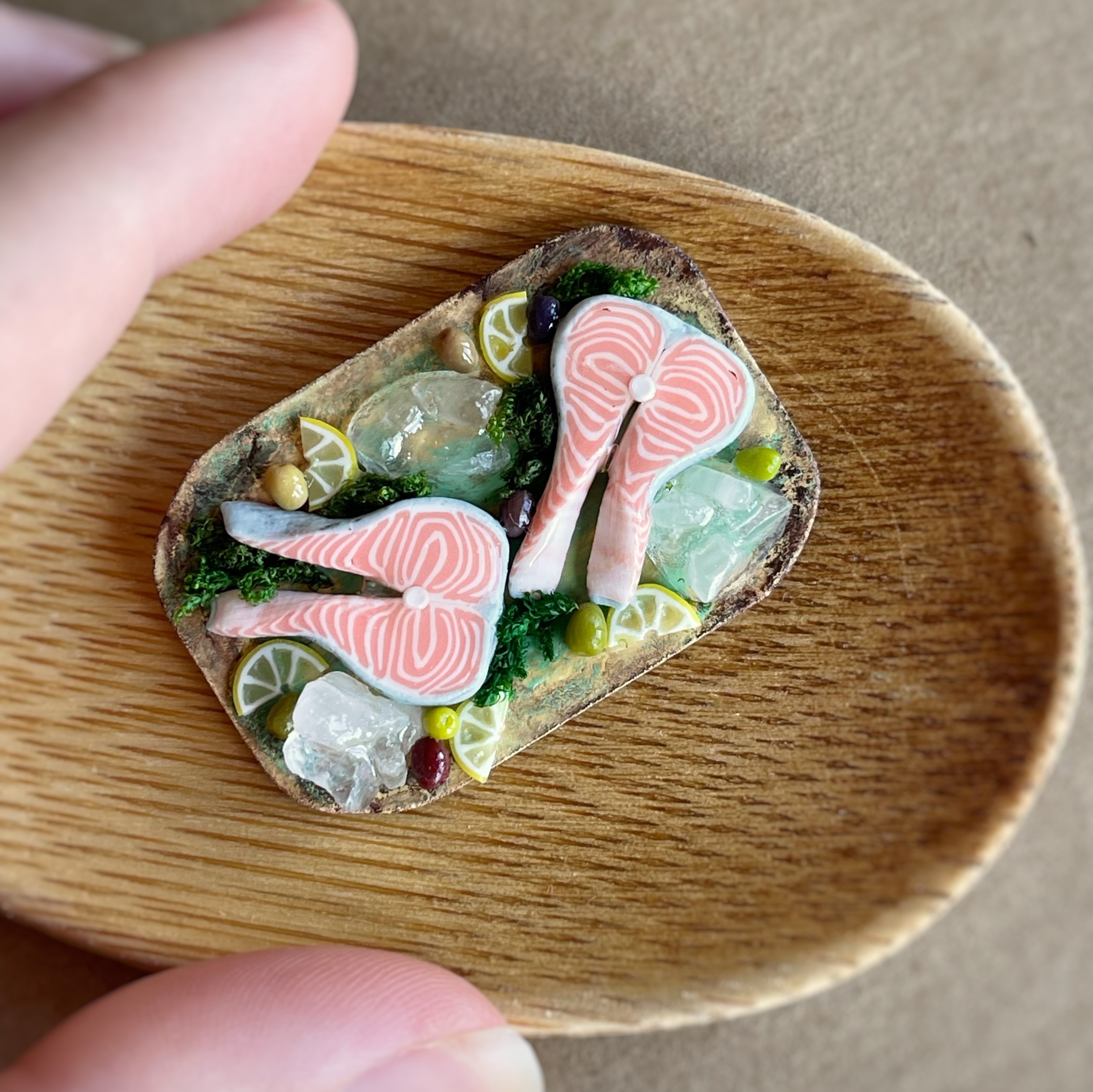 Miniature doll set with fish steaks (salmon) for playing in Inspire