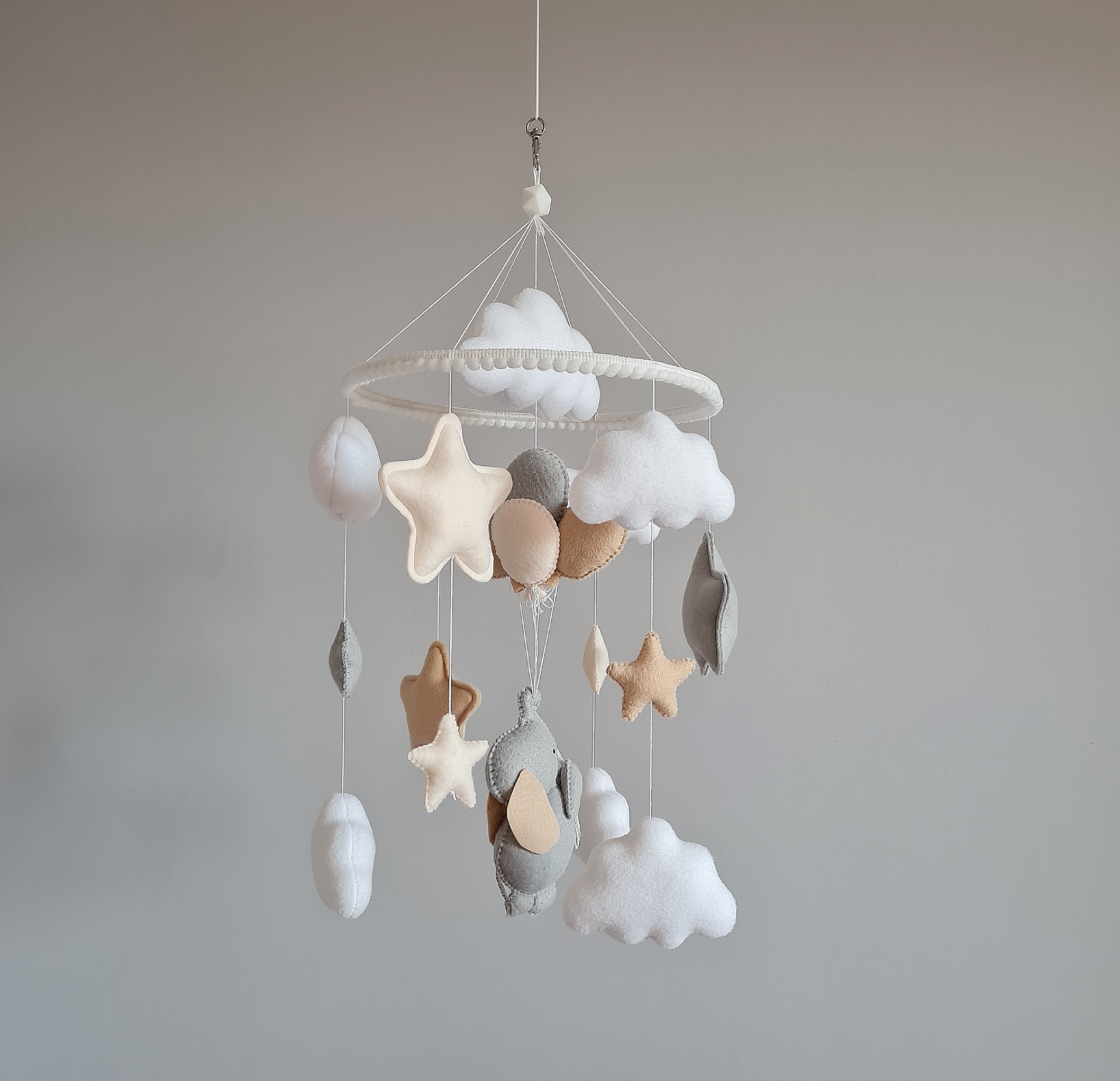 Felt hanging crib toy, Neutral baby mobile, Elephant beige n Inspire
