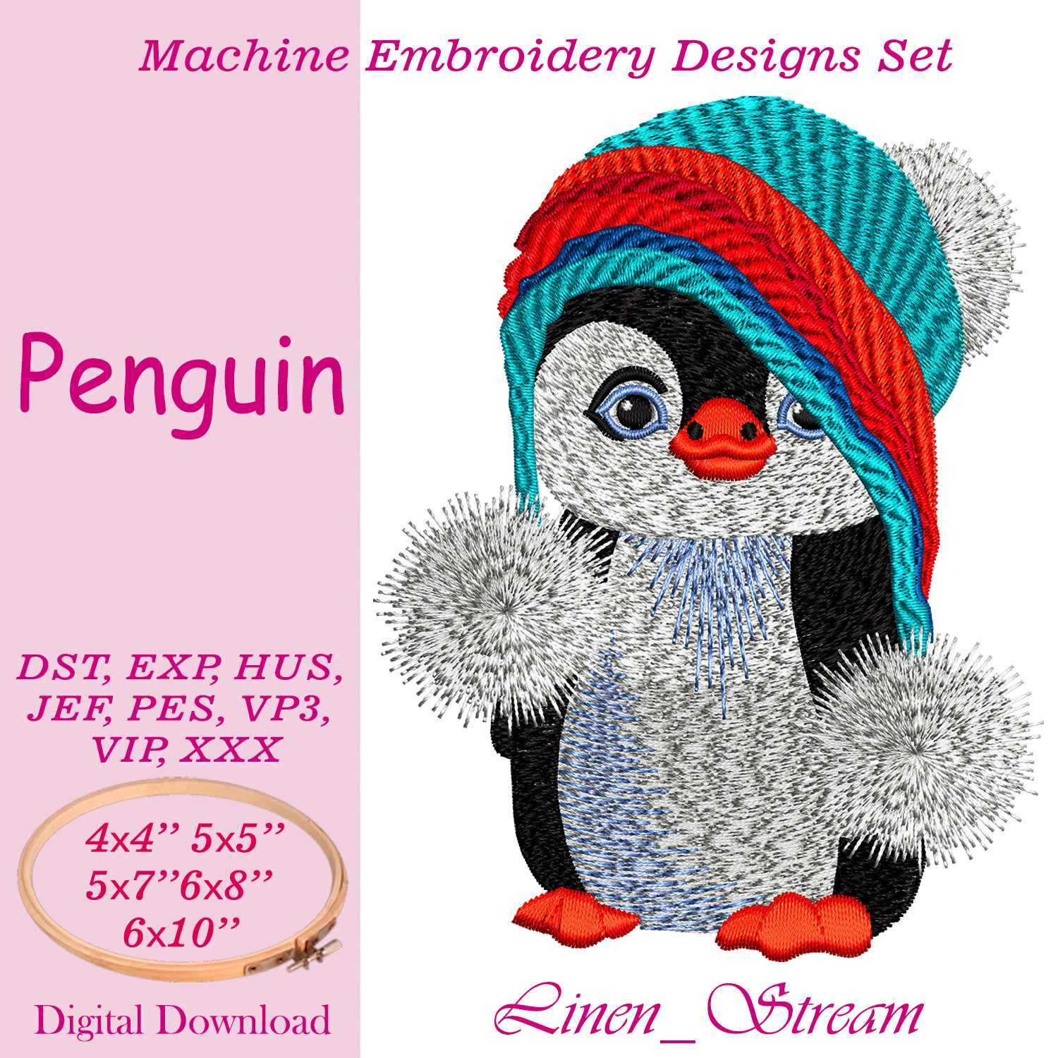 Penguin Machine embroidery design in 8 formats and 5 sizes Inspire Uplift