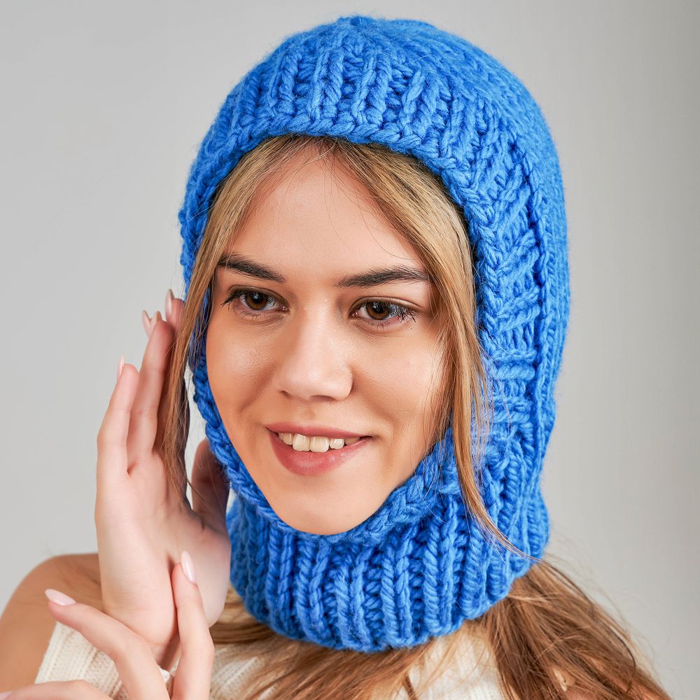 Knitted balaclava. Bulky wool. Blue color Inspire Uplift