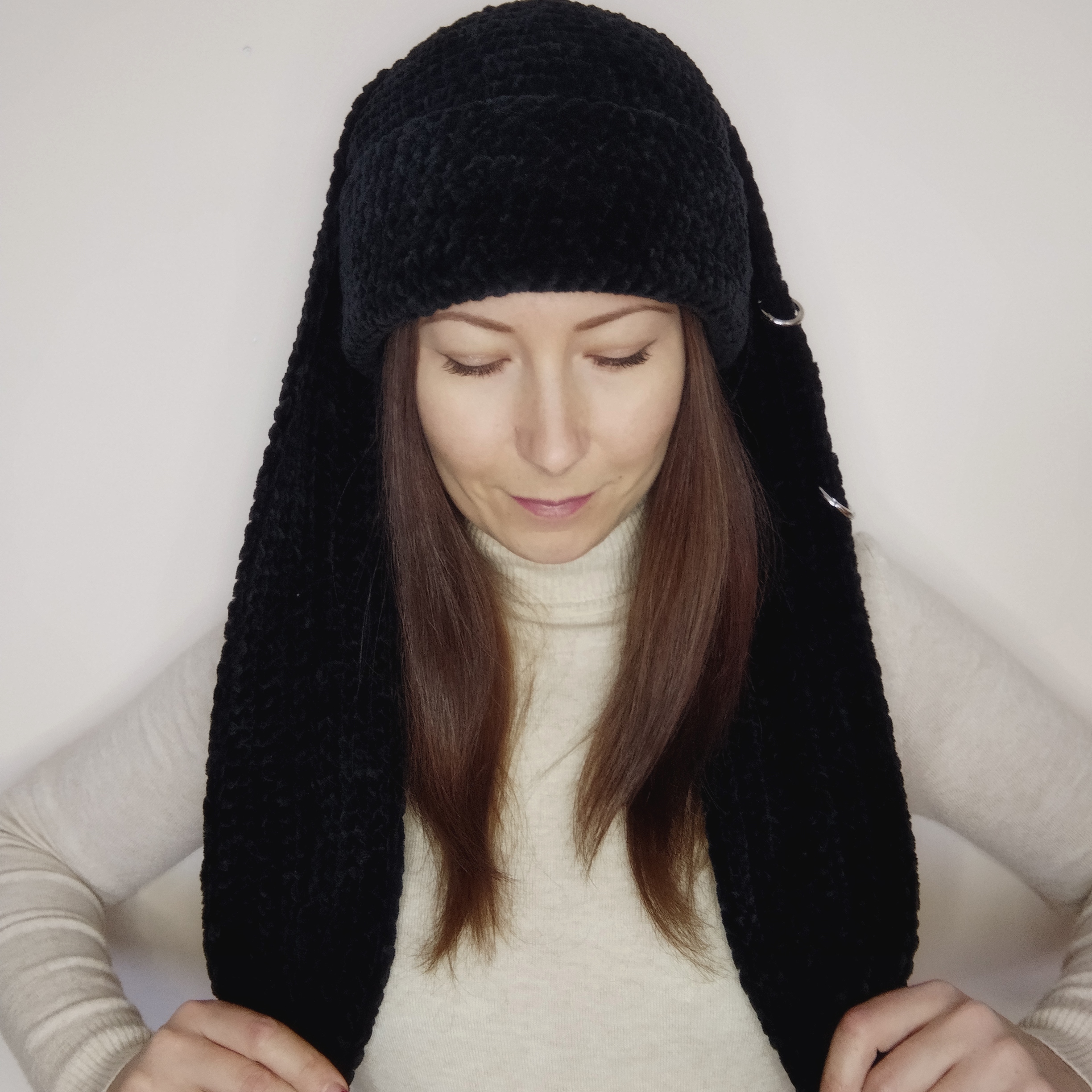 Black bunny beanie fleece lined. Bunny hat goth with extra l Inspire