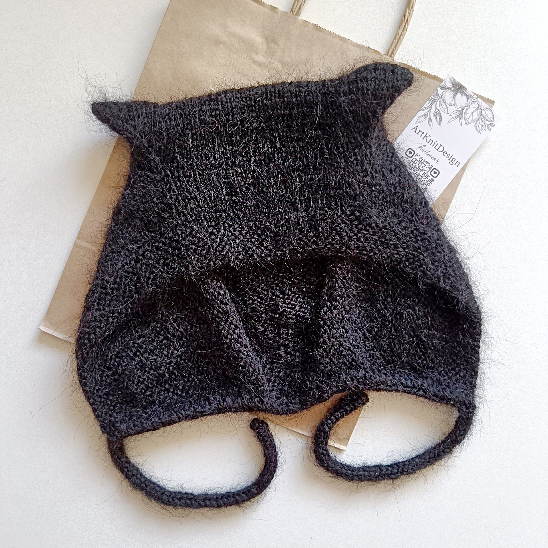 Handknit Black color women moheir hat gifts Valentine day moheir hat Wool women hats warm hat cat hat