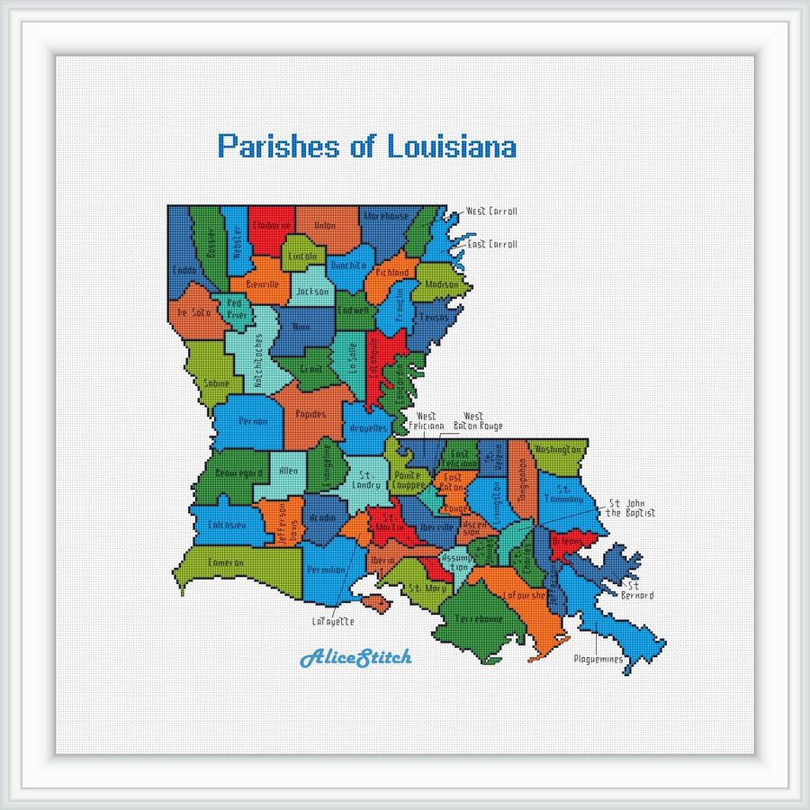 Cross stitch pattern map Parishes Louisiana USA - Inspire Uplift