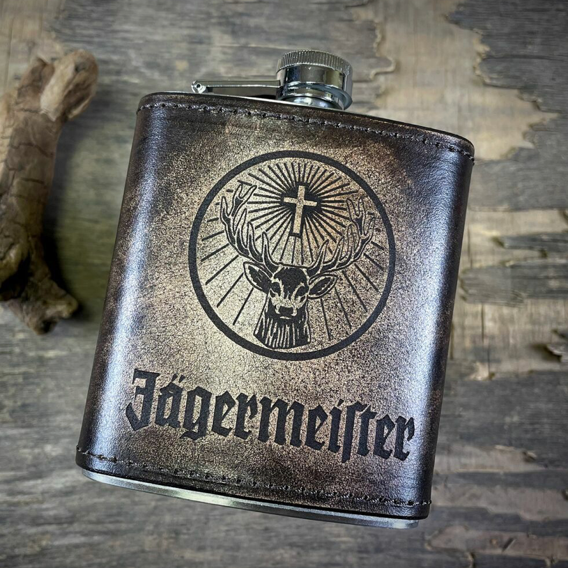 Jagermeister Flask for men Full Grain Leather Embossed Engra Inspire Uplift