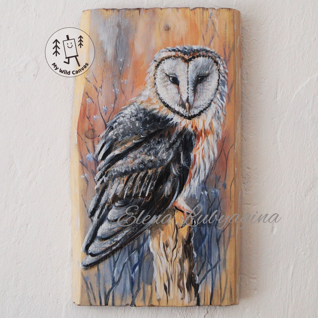 Barn Owl Painting on Pine Wood Inspire Uplift