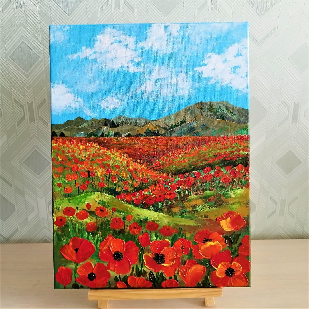 Poppy wall art vertical landscape painting impasto Inspire Uplift
