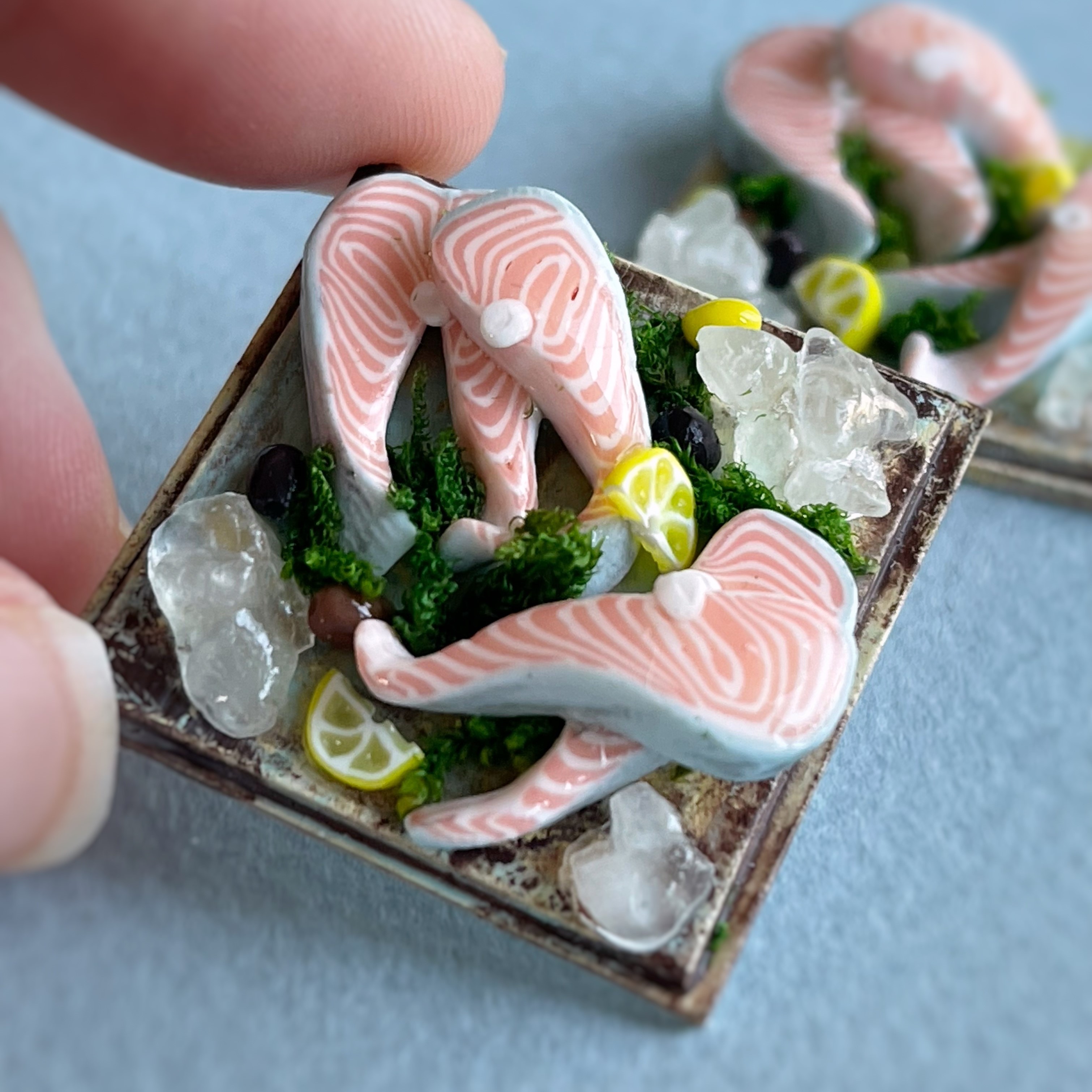 Miniature doll set with fish steaks (salmon) for playing in Inspire