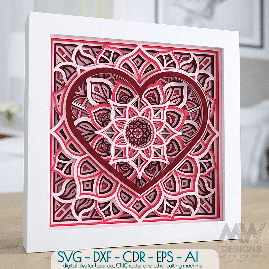 3D SVG Heart Mandala, 3D Layered SVG Heart, Shadow box Heart | Inspire ...