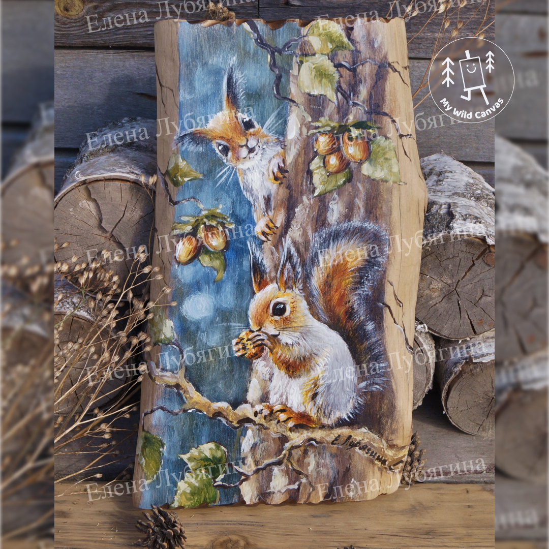 Squirrels With Hazelnuts, Reclaimed Oak Wood Painting Inspire Uplift