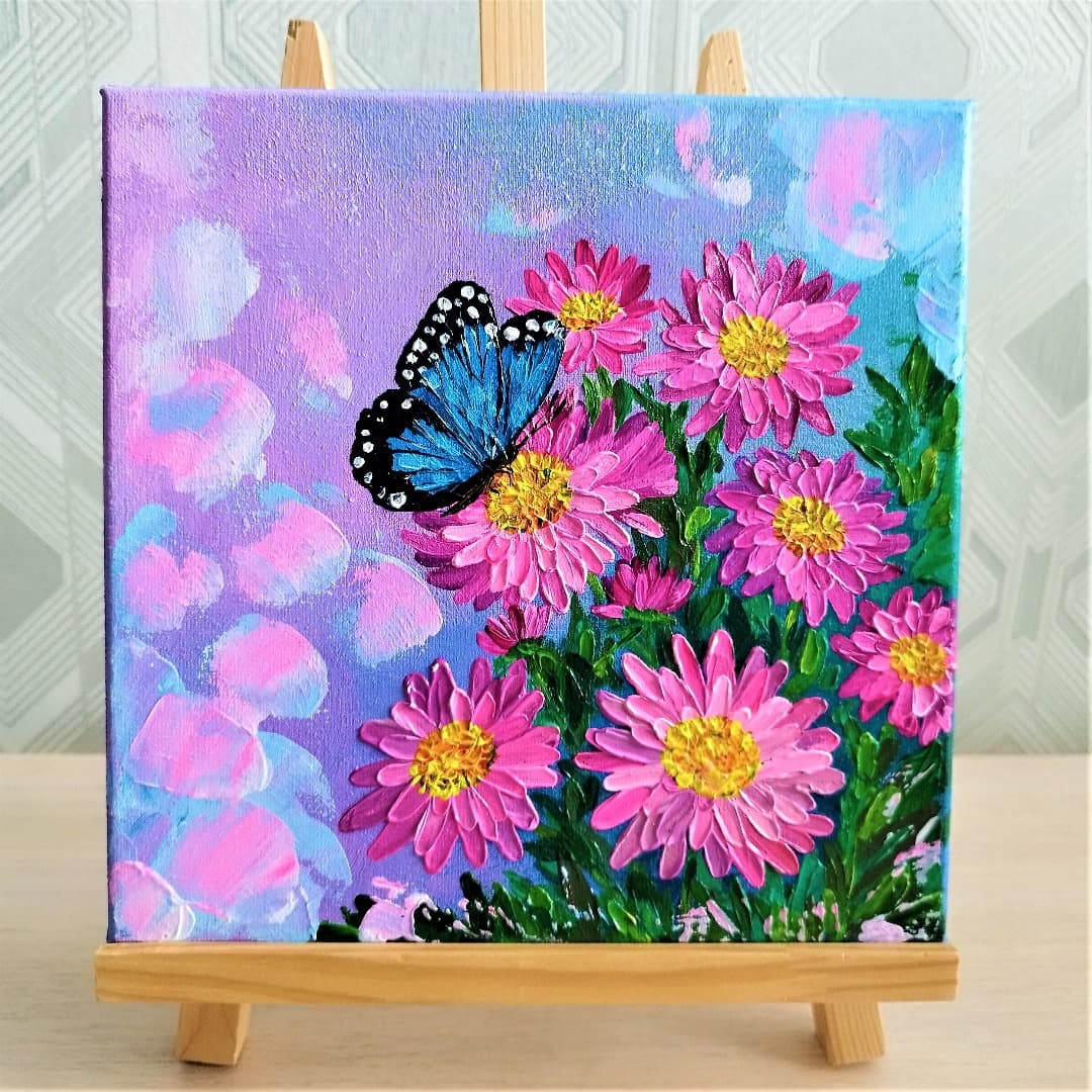 Pink aster flowers bright floral wall art butterfly painting Inspire