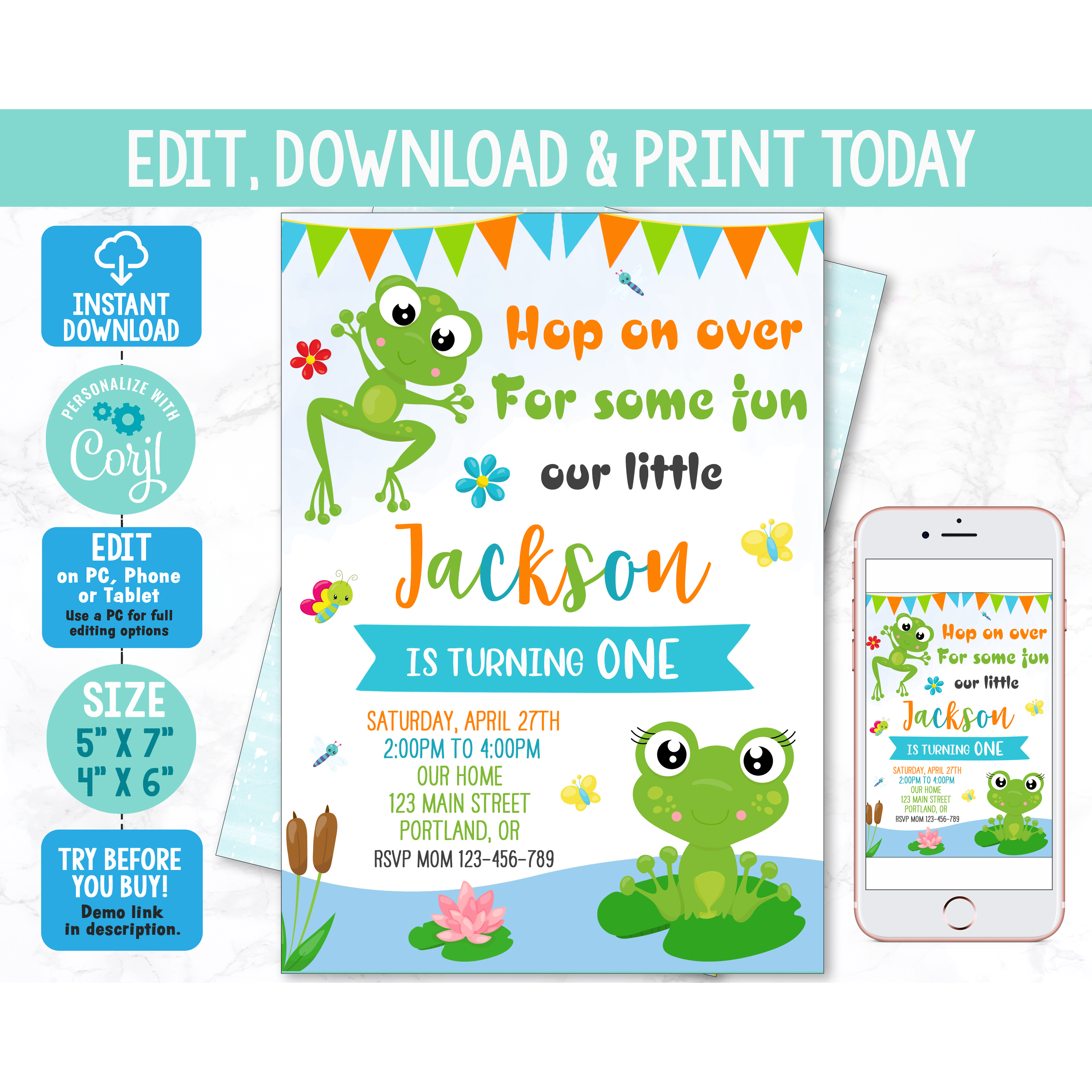 Frog Invite Editable frog birthday invitation Corjl template Toddler | Inspire Uplift