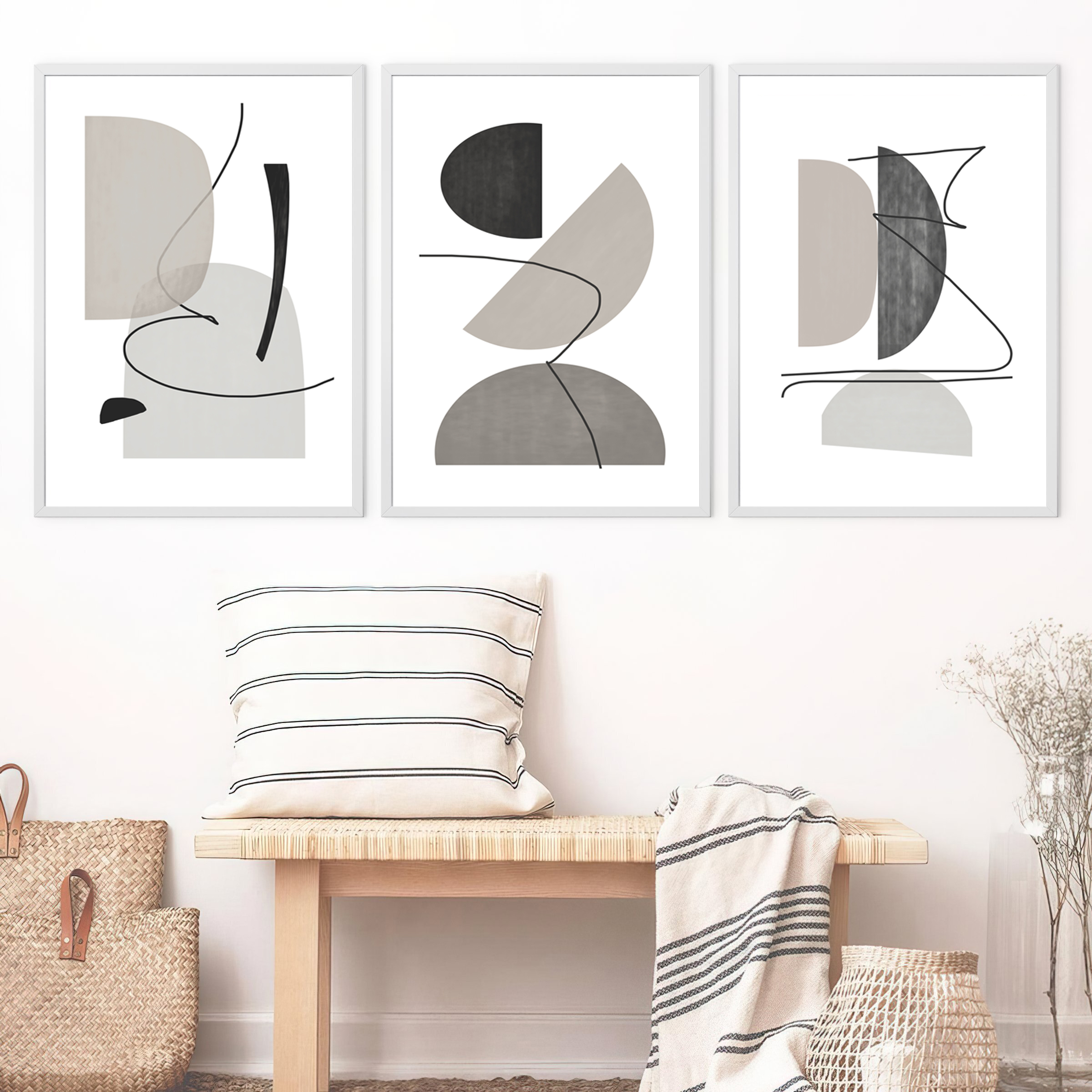 Gray Wall Art Set Of 3 Prints Abstract Ceometric Poster Down Inspire