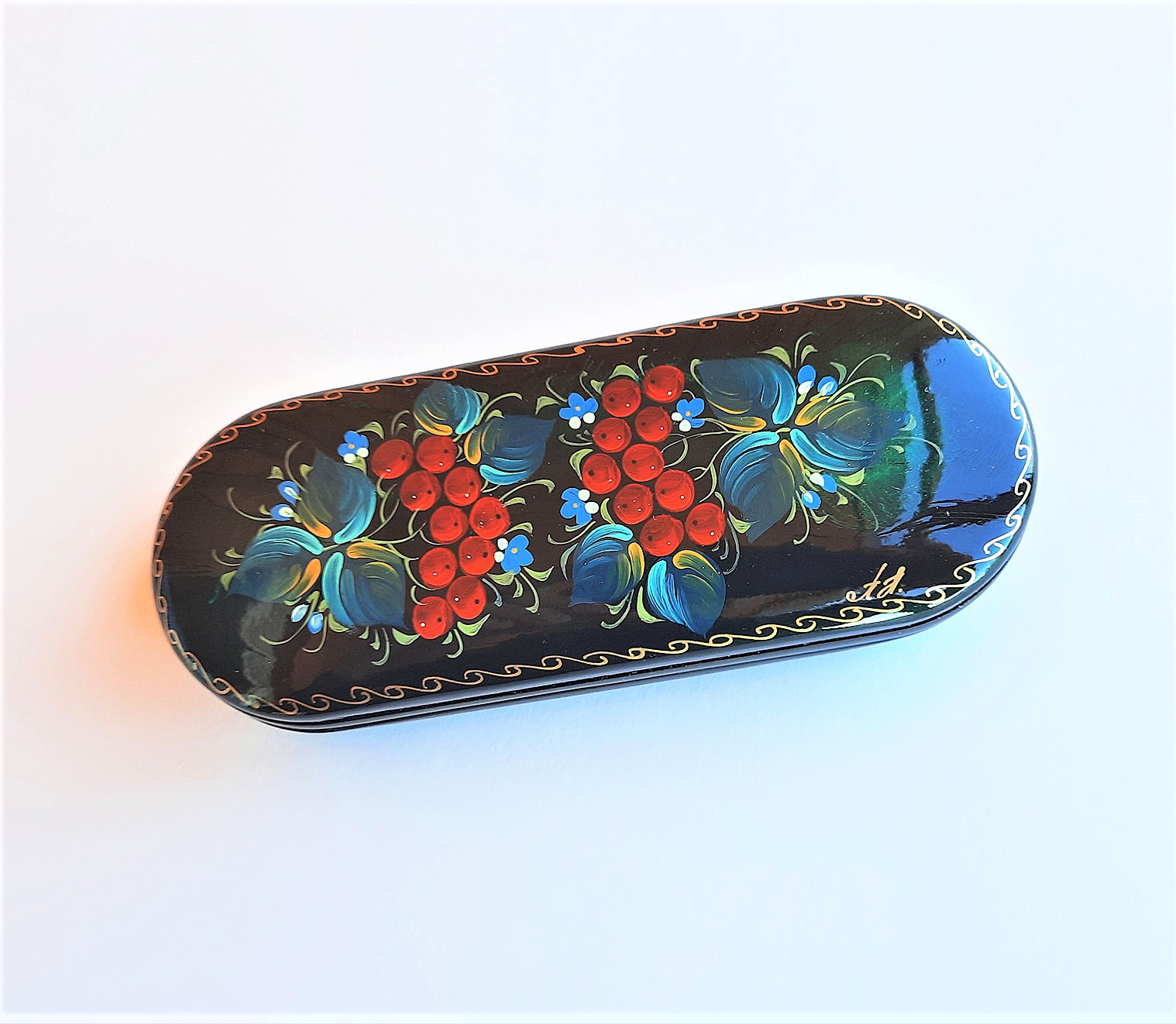 Étui à Lunettes De Soleil Peint Main Russe - Motif Fleurs - Dimensions 6.4 X 2.3 X 1.1' - Neuf
