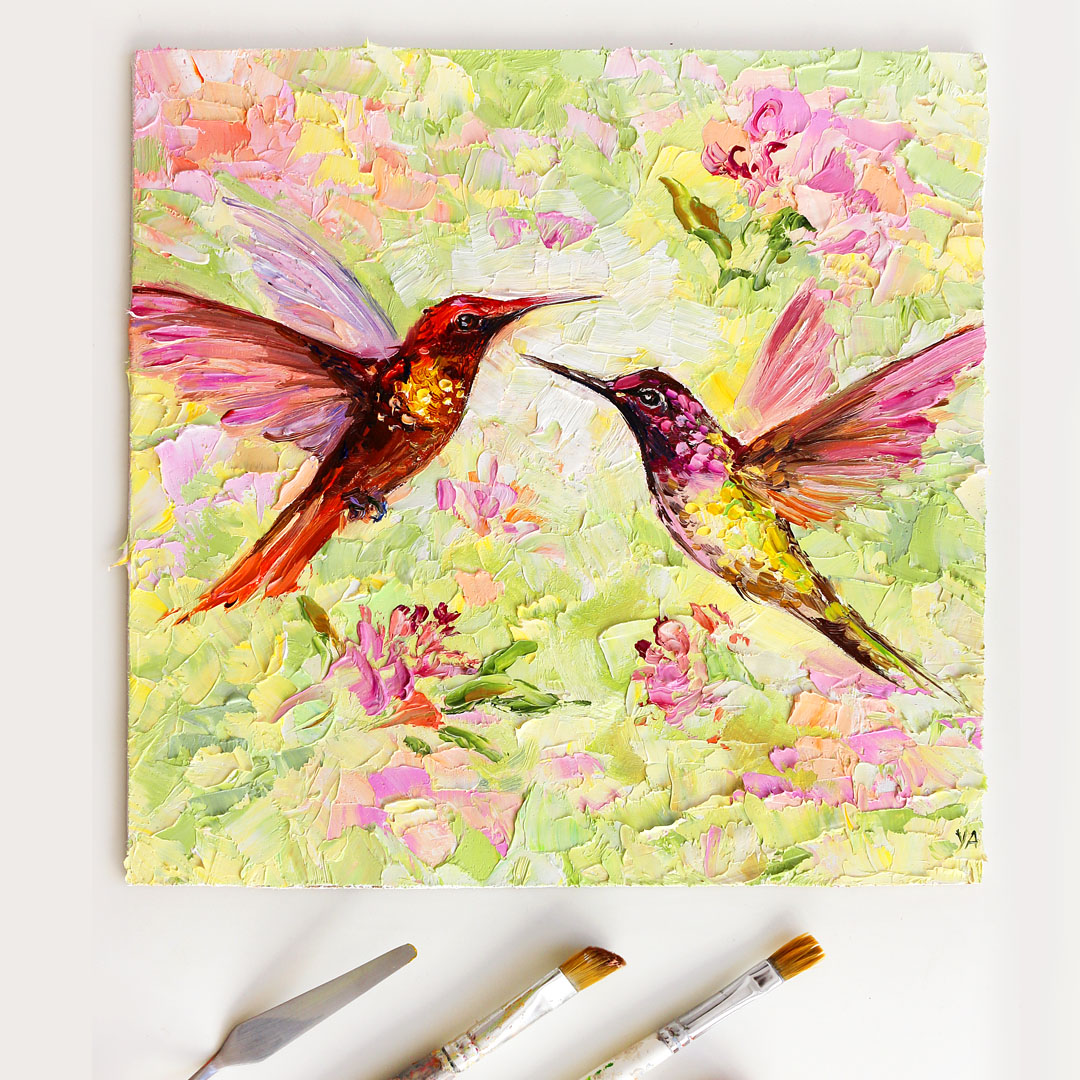 Hummingbird Oil Painting Palette Knife Hummingbird Original Inspire