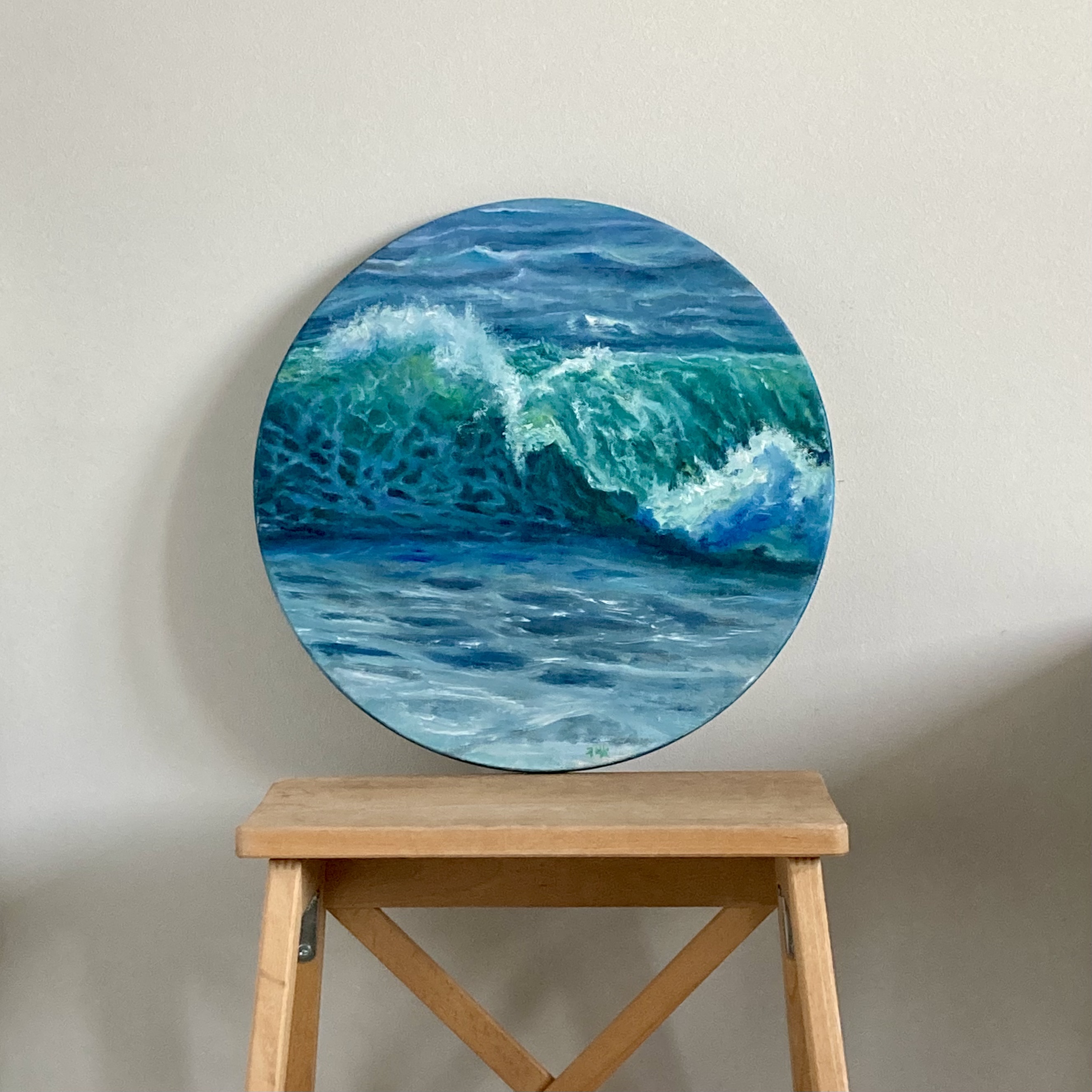 Blue Wave Painting, Original Oil Painting, Round Canvas Art