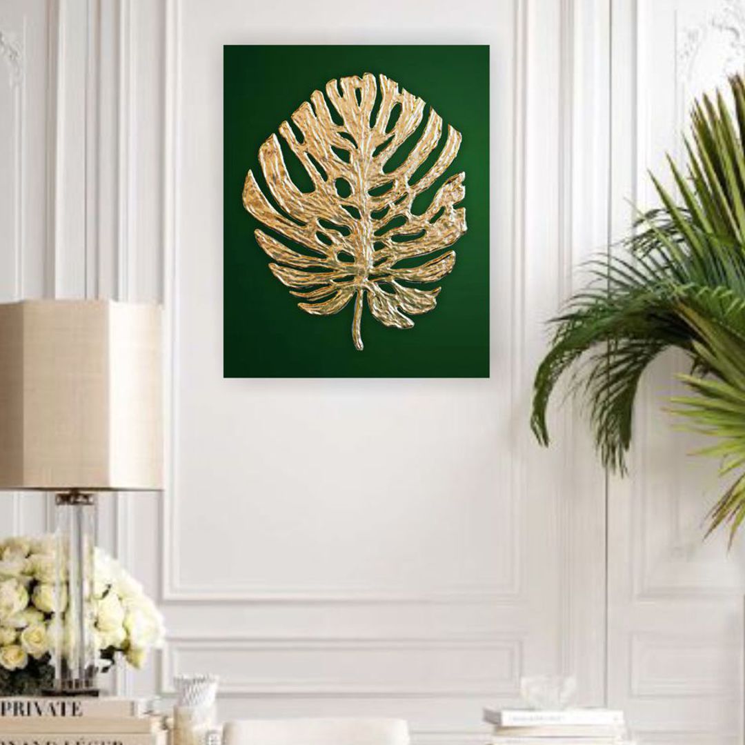 Gold Monstera Leaf Wall Art Green and Gold Abstract Painting Inspire