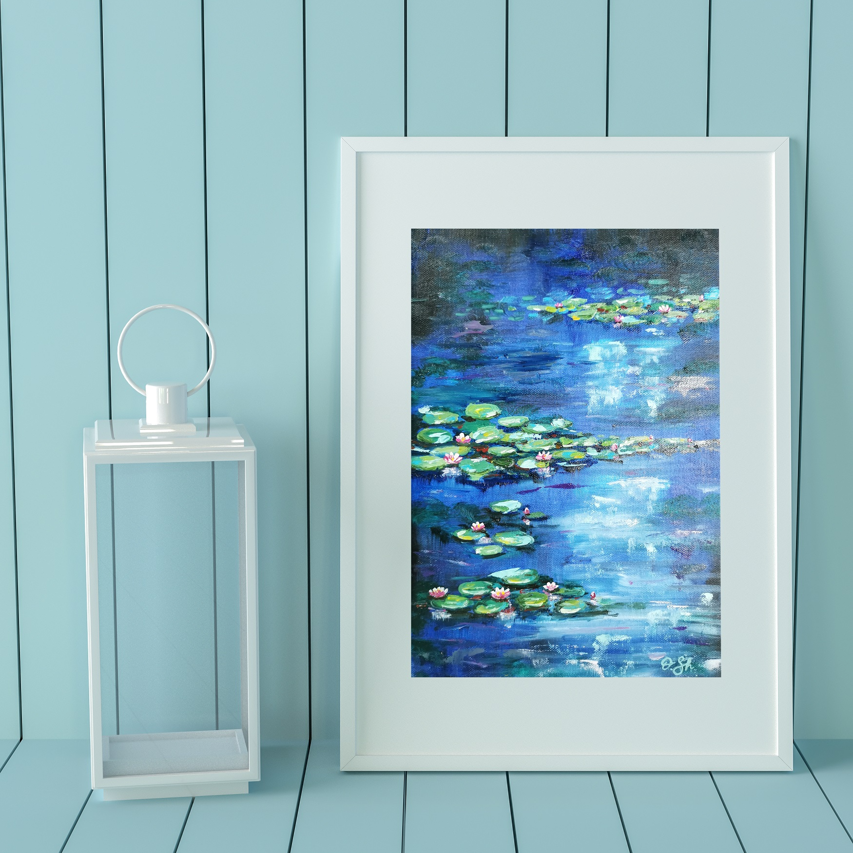 Water lilies oil painting Small canvas Lotus Blue lake night | Inspire ...